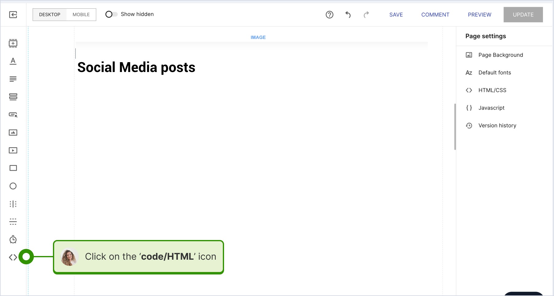 左下のメニューでcode/HTMLのアイコンをクリックし、InstapageのページにHTML要素を追加している画面