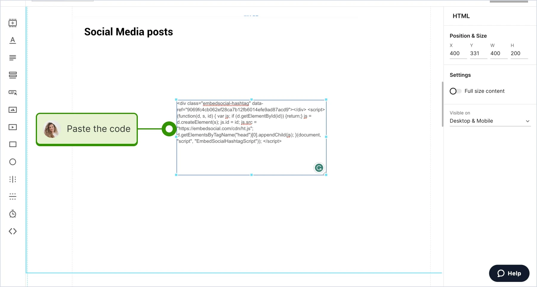 Pasting the code into the box