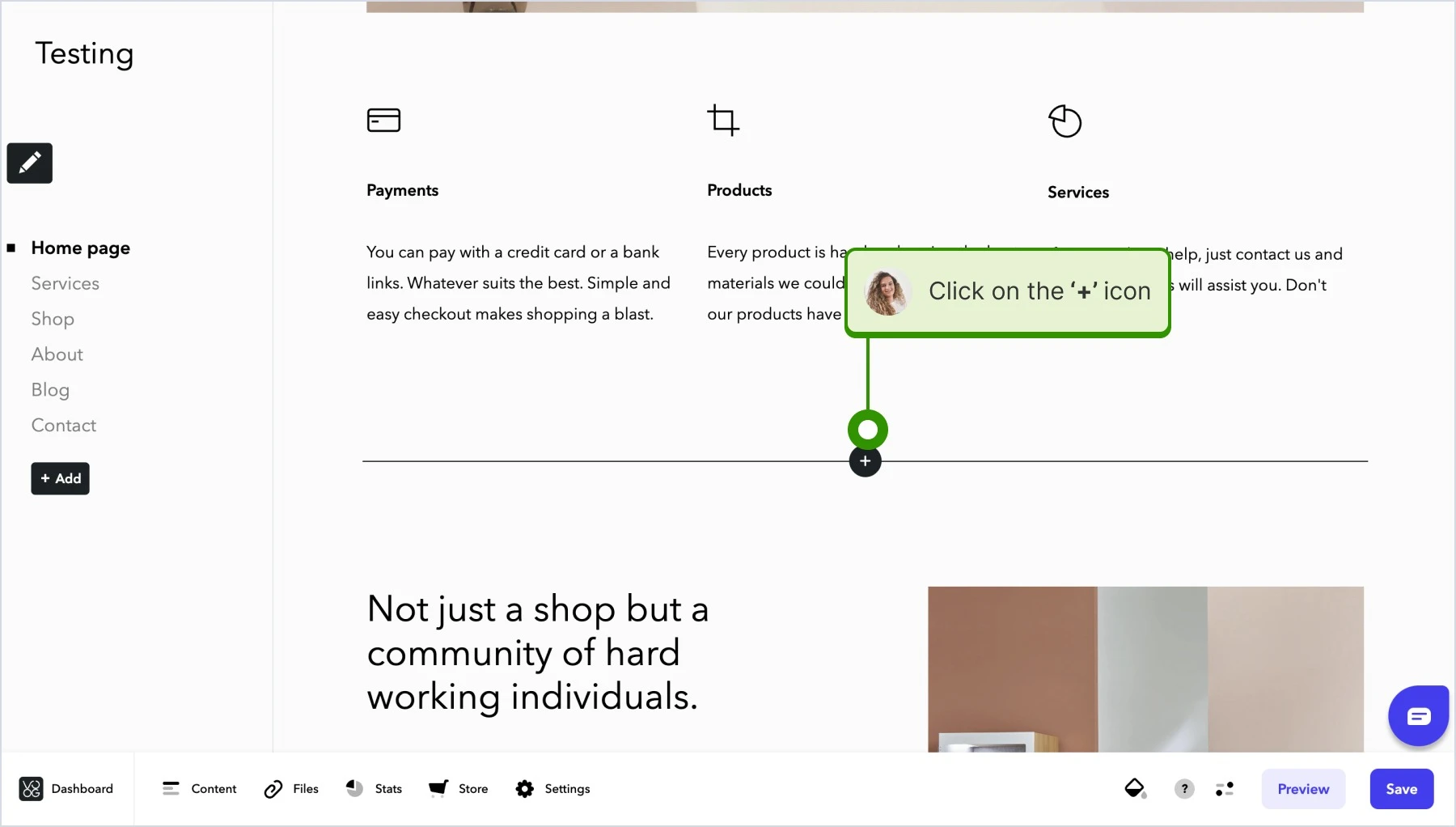 Choosing the location on the page to embed the widget and clicking on the + icon