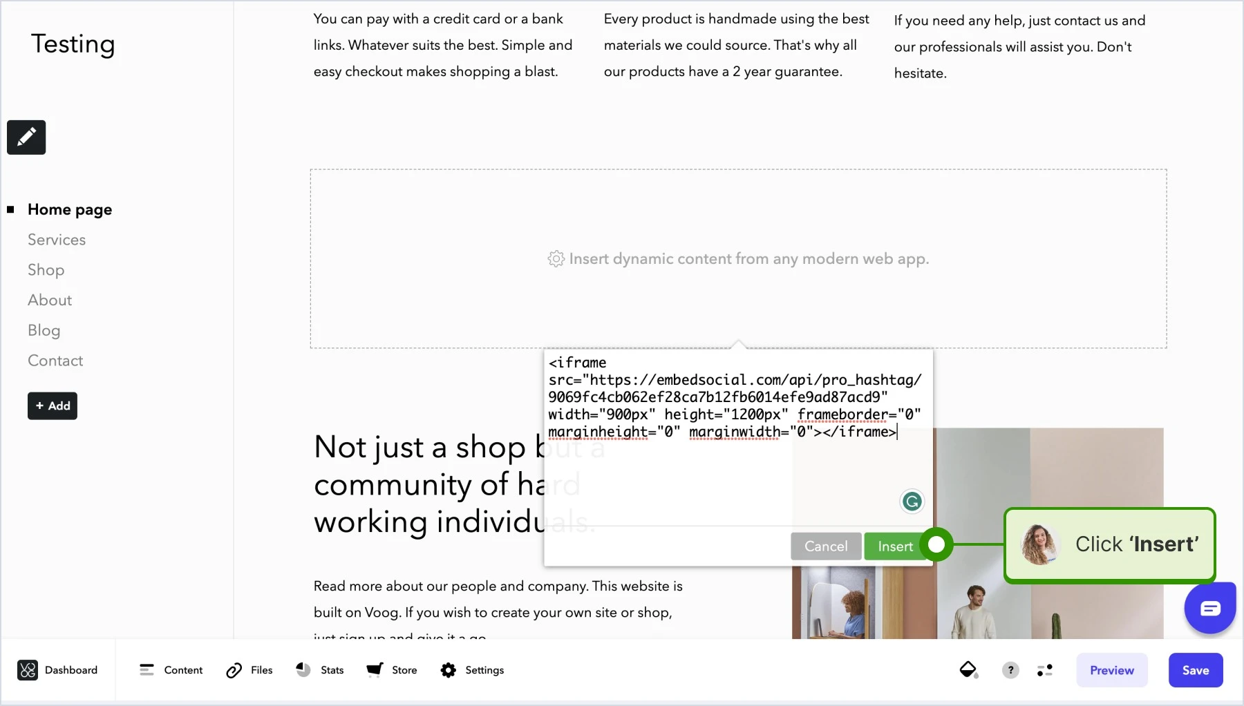 Pasting the widget code and clicking 'Insert'