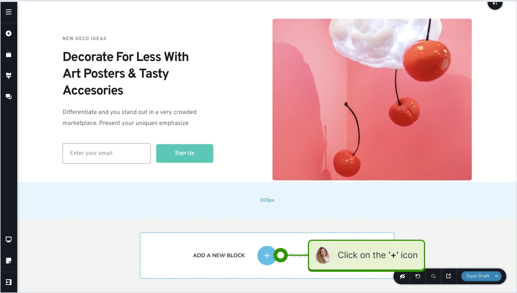 Adding a new block to the page using the 'plus' icon