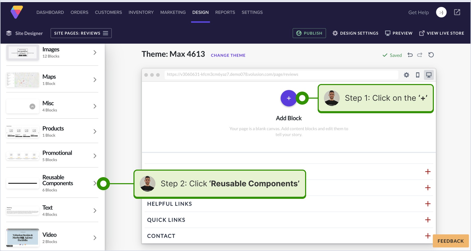ウィジェットを表示するページを開き、+のアイコンからReusable Componentsを選択している画面