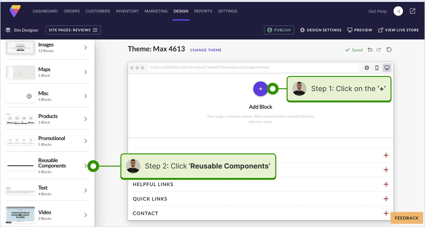 Accessing the page for displaying the widget, clicking on the + icon and selecting Reusable Components