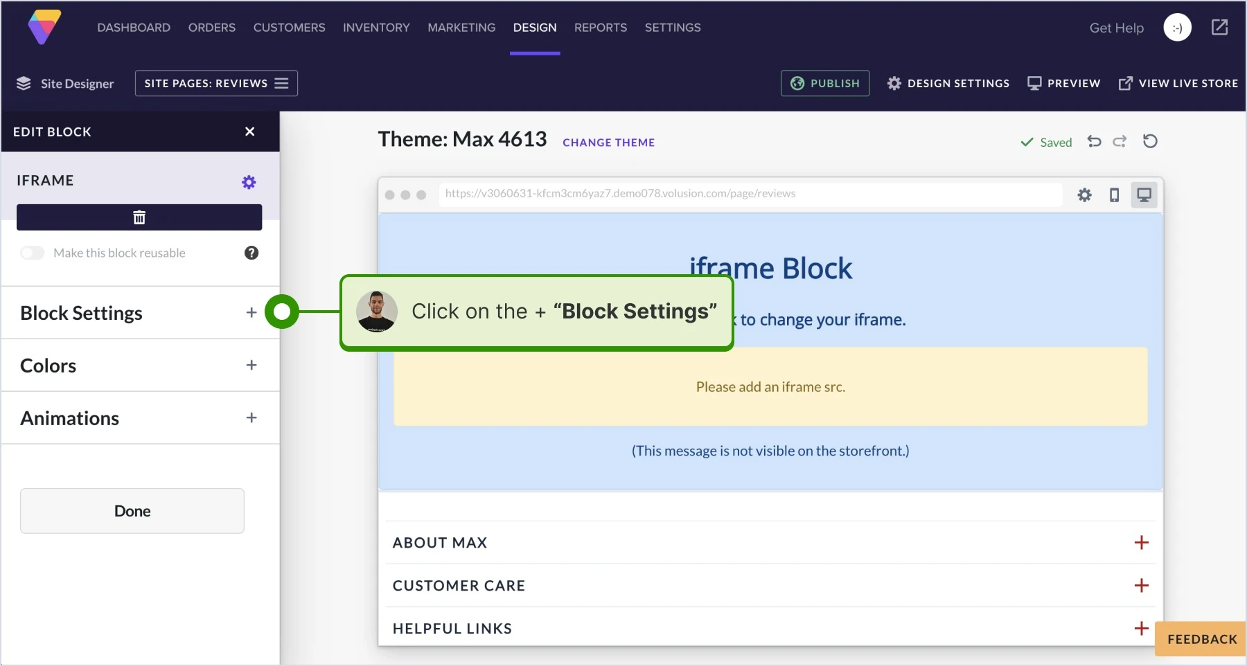 Accessing 'Block Settings' for the iframe