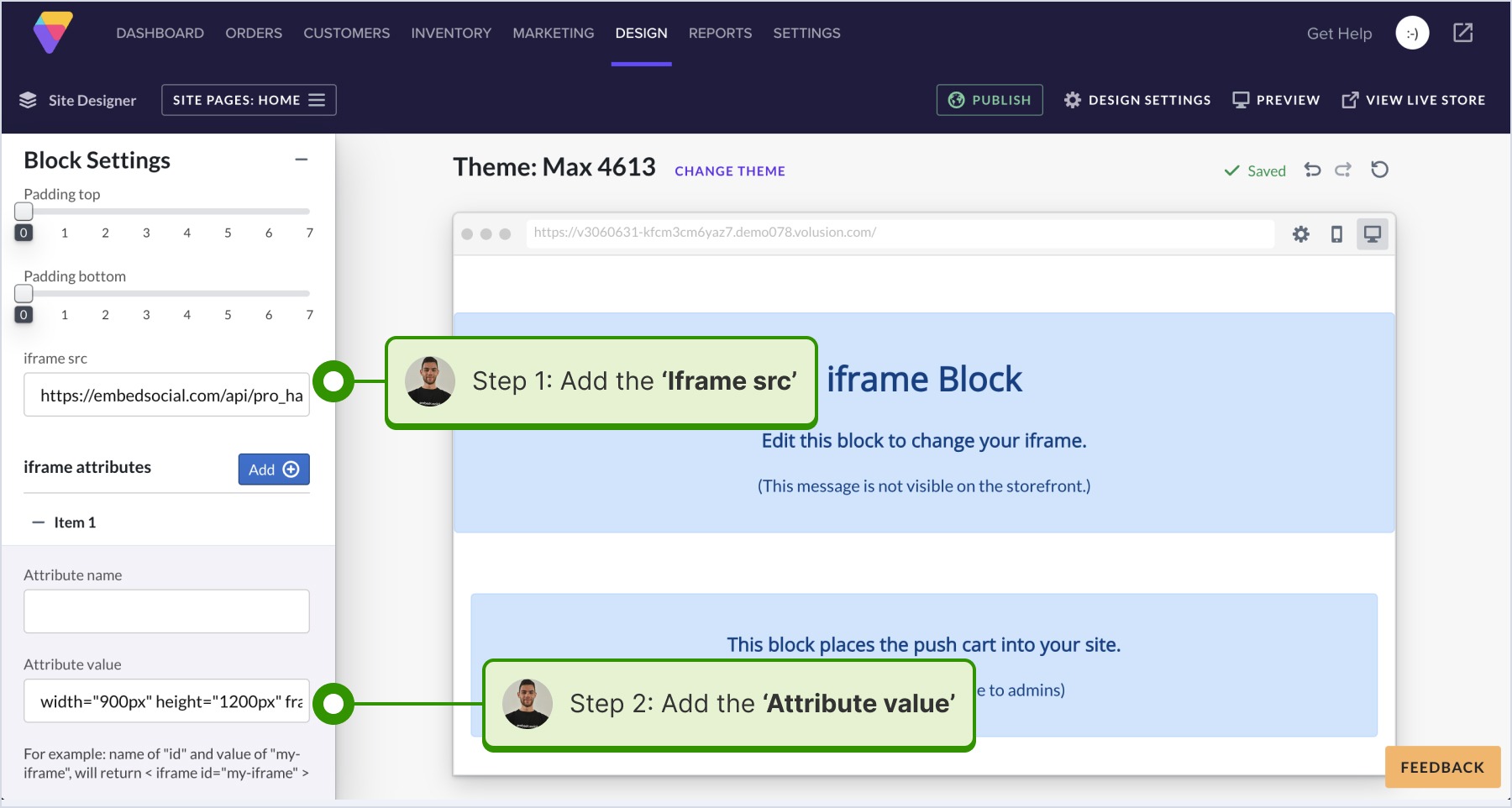 Iframe srcとAttribute valuesを入力している画面