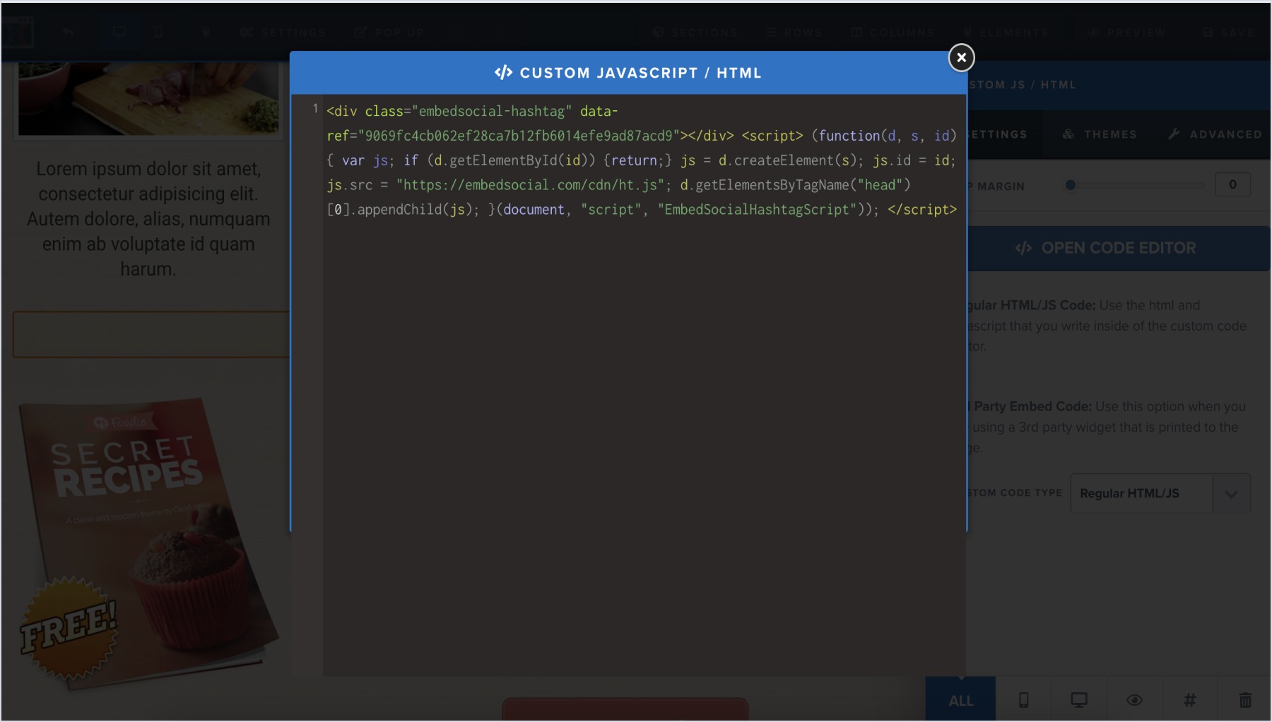 Open code editorをクリックし、ポップアップにウィジェットのコードを貼り付けている画面