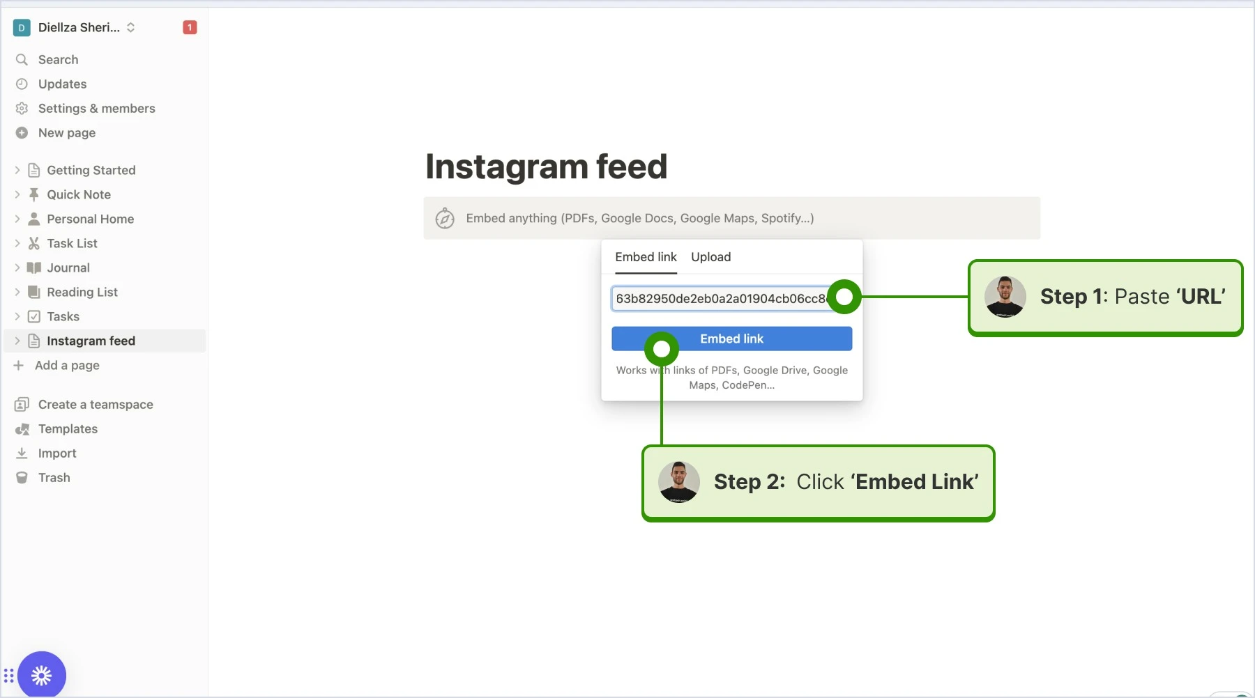Pasting the copied 'URL' from the EmbedFeed widget into the 'EmbedLink' field