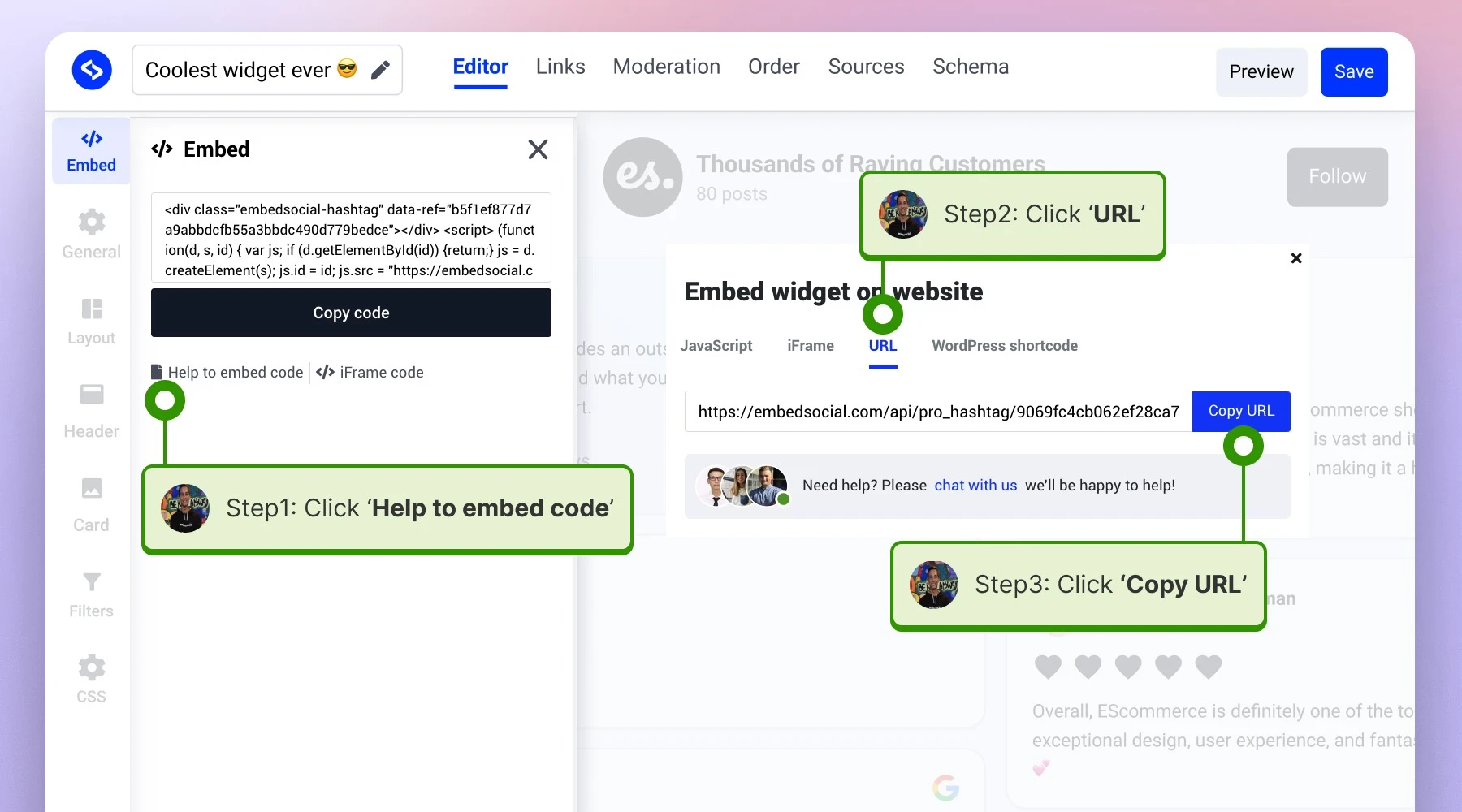 Clicking on the "Help to embed code" button, then navigating to the URL tab and copying the code.