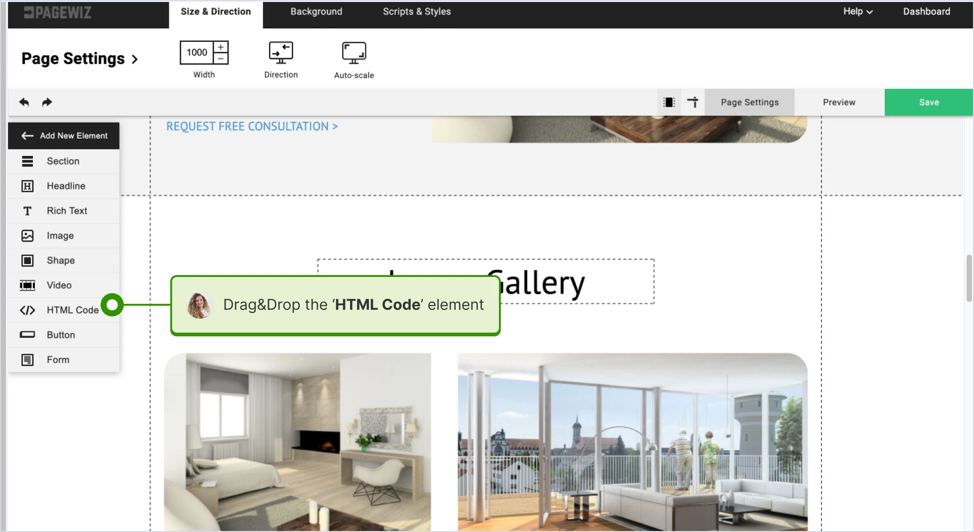 Dragging and droping the 'HTML Code' element into the desired section