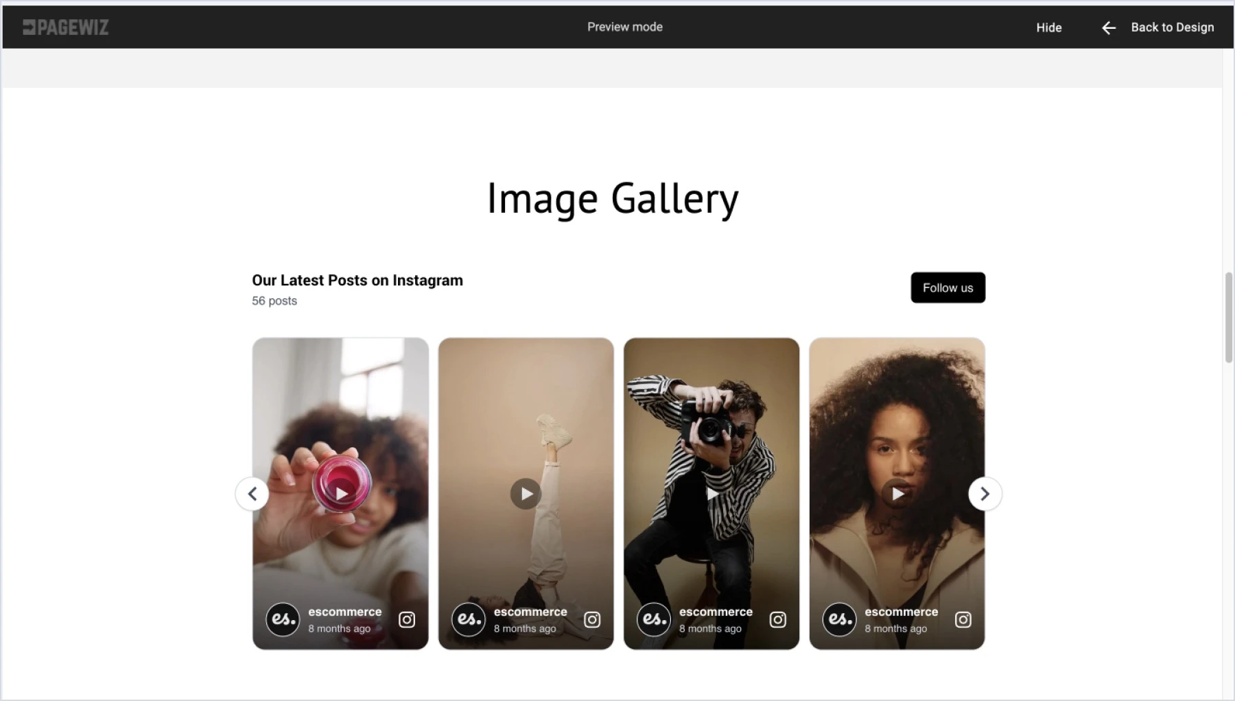 Instagram widget embedded on Pagewiz