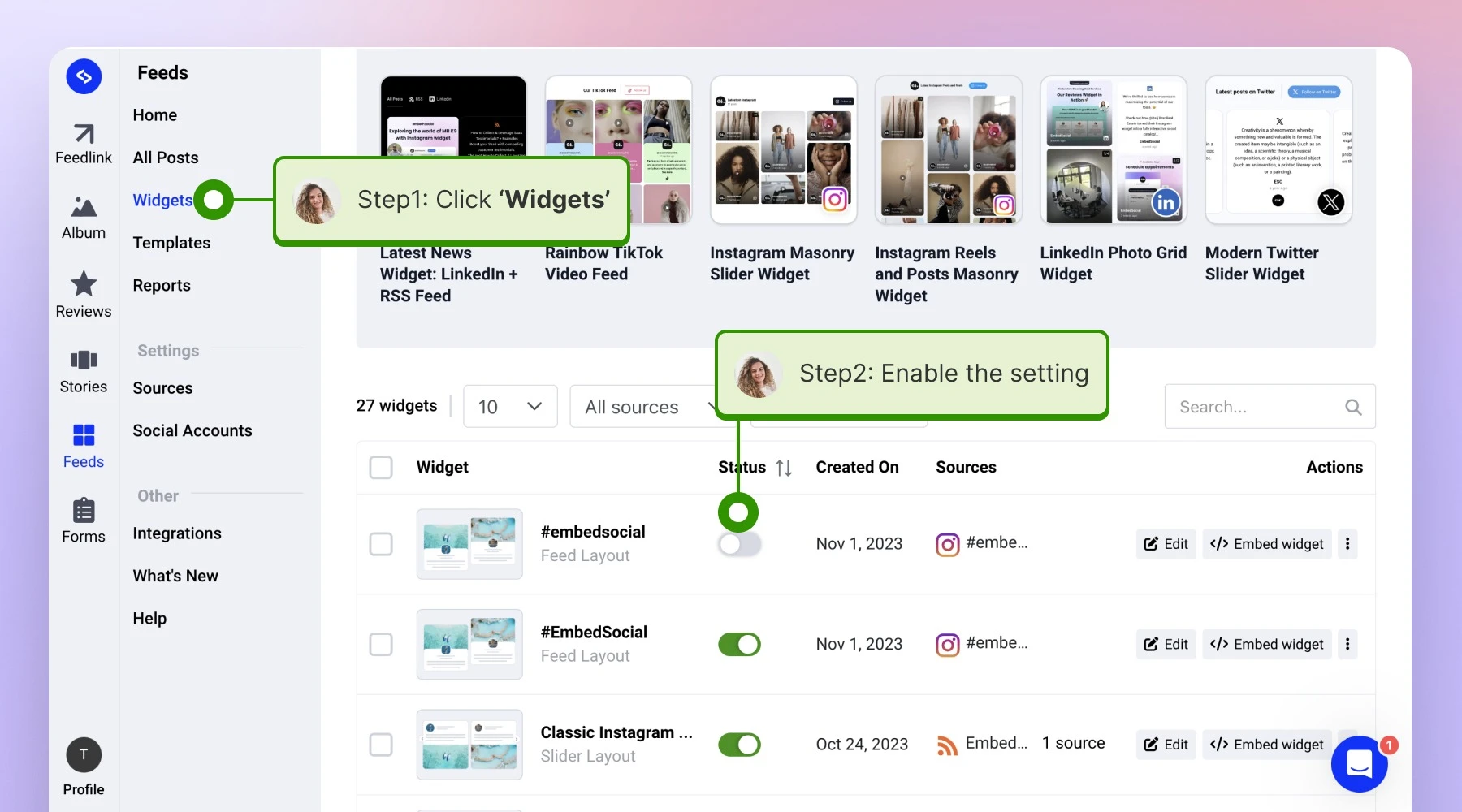 Navigating to the Widgets section in order to activate the desired widget live