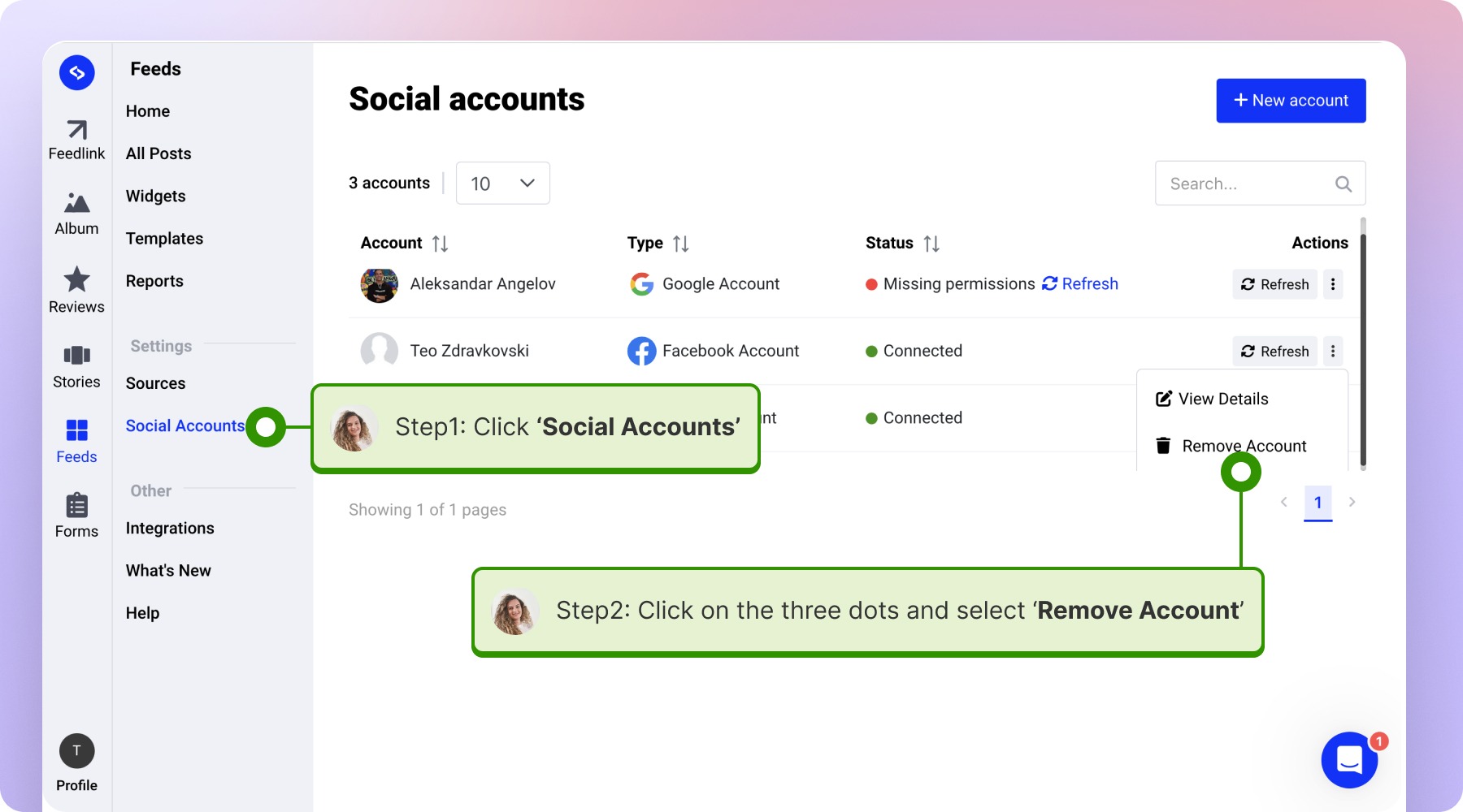 Social accountsを開いてFacebookアカウントを削除する画面