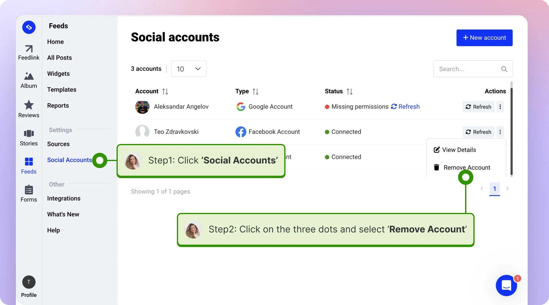 Going to the social accounts and removing the Facebook account