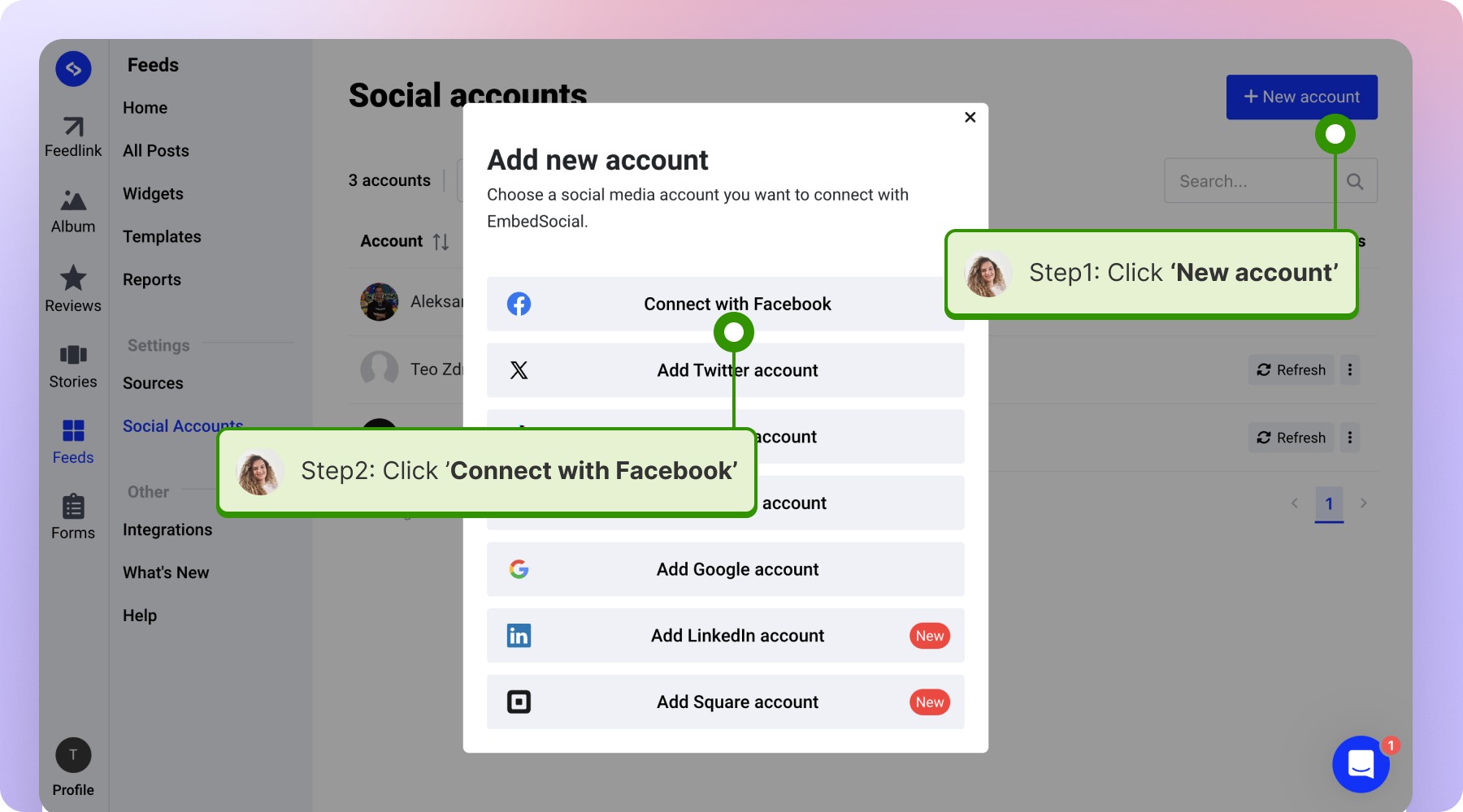 New accountをクリックしてFacebookを接続する画面