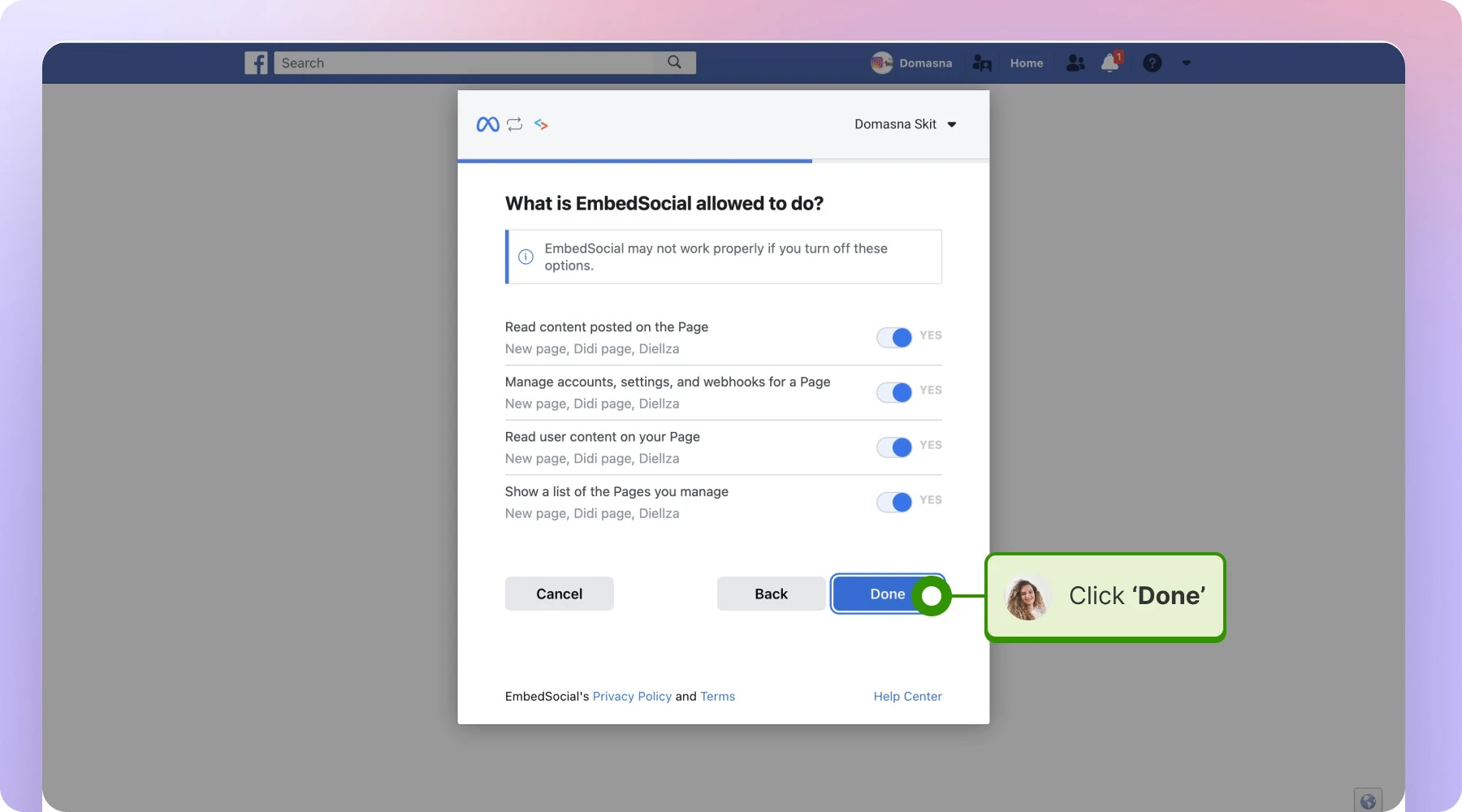 Giving all the required permissions and clicking done