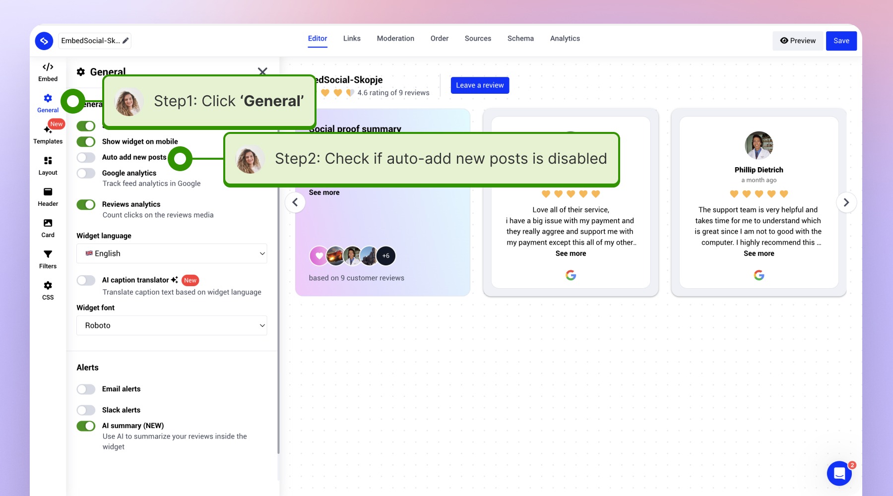 General設定を開いてAuto add new postsがオフかどうかを確認する画面