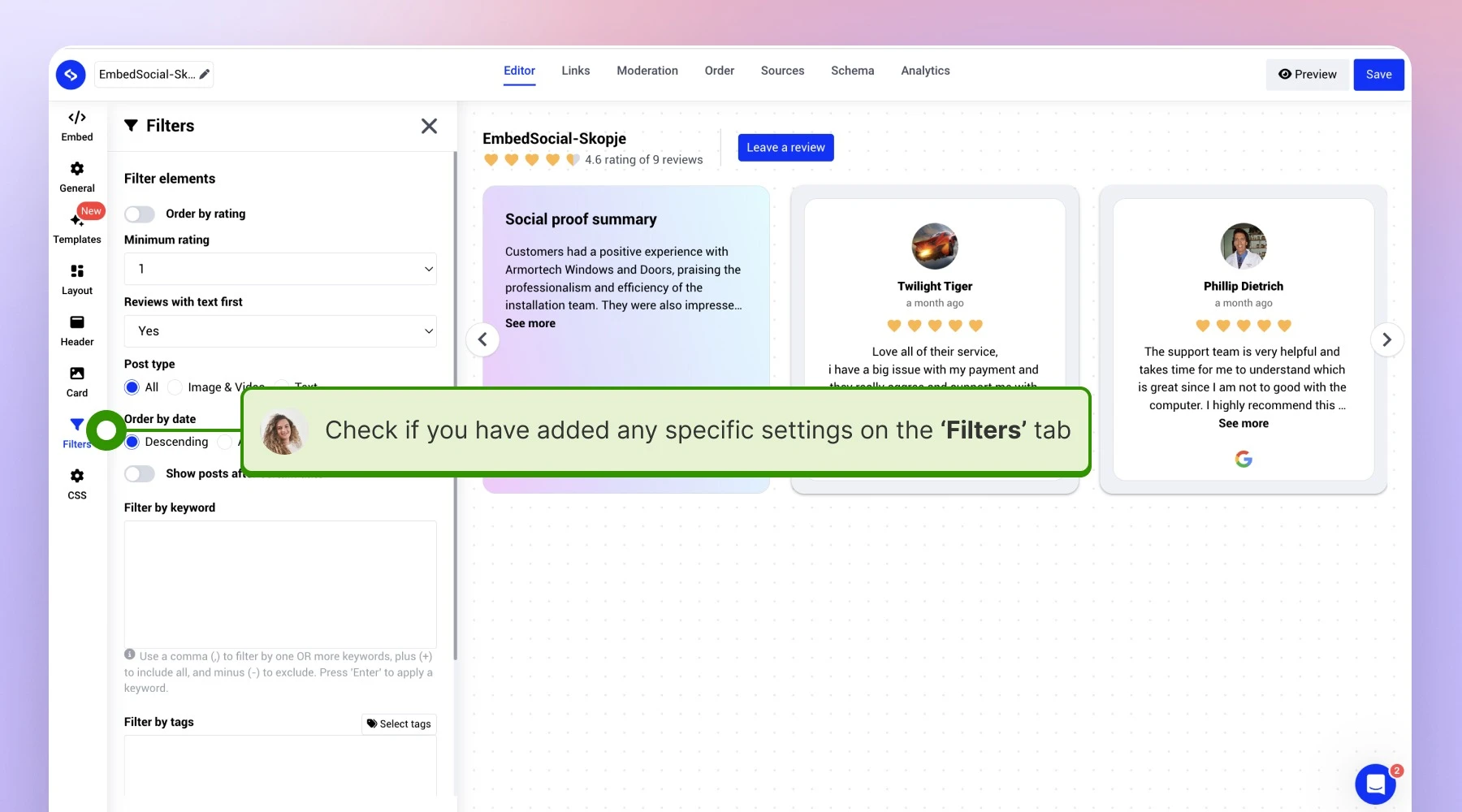 Navigating inside the filter settings