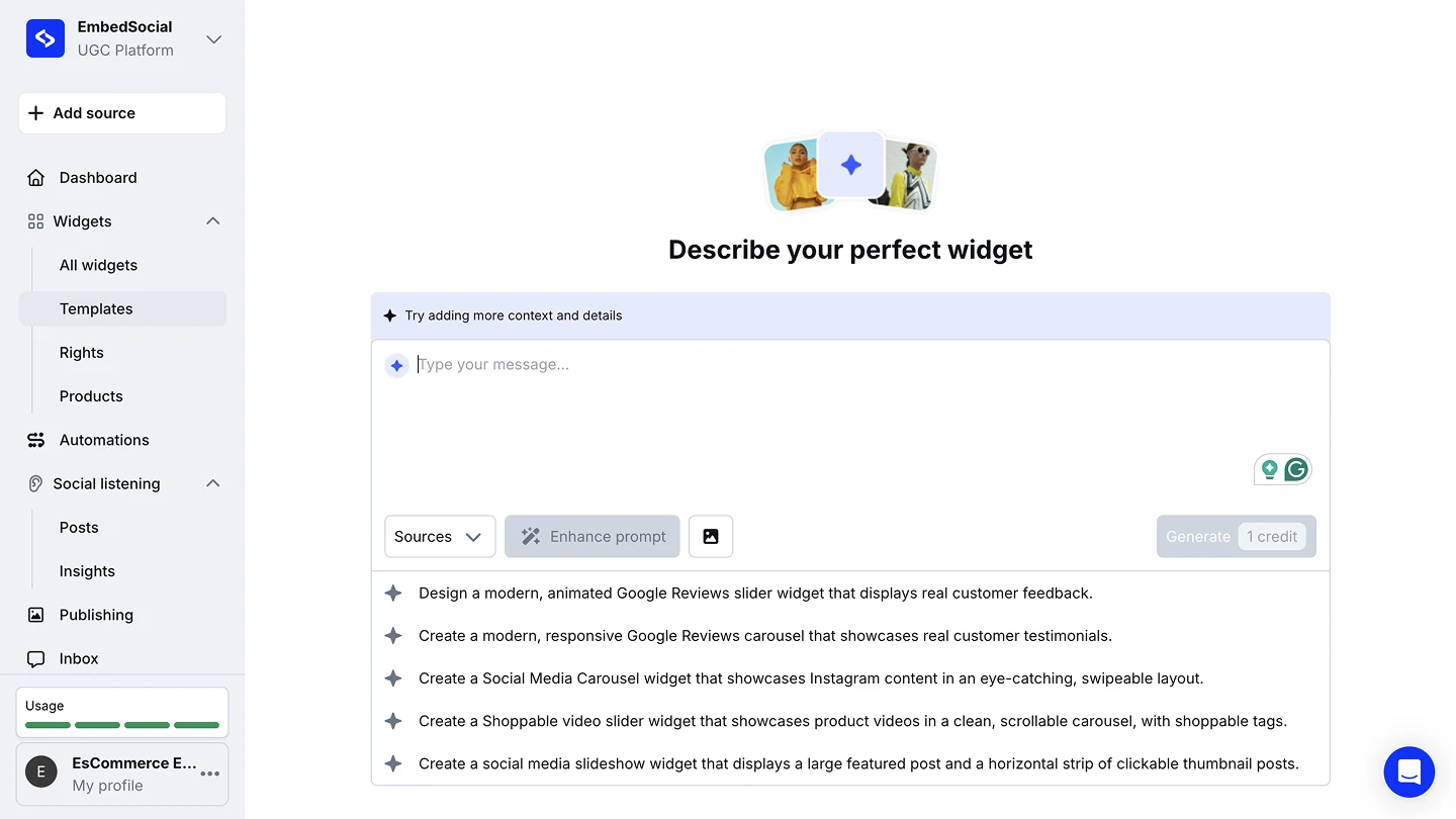 The Describe your perfect widget screen with the prompt box, the Sources and Enhance prompt buttons, and suggested prompts below