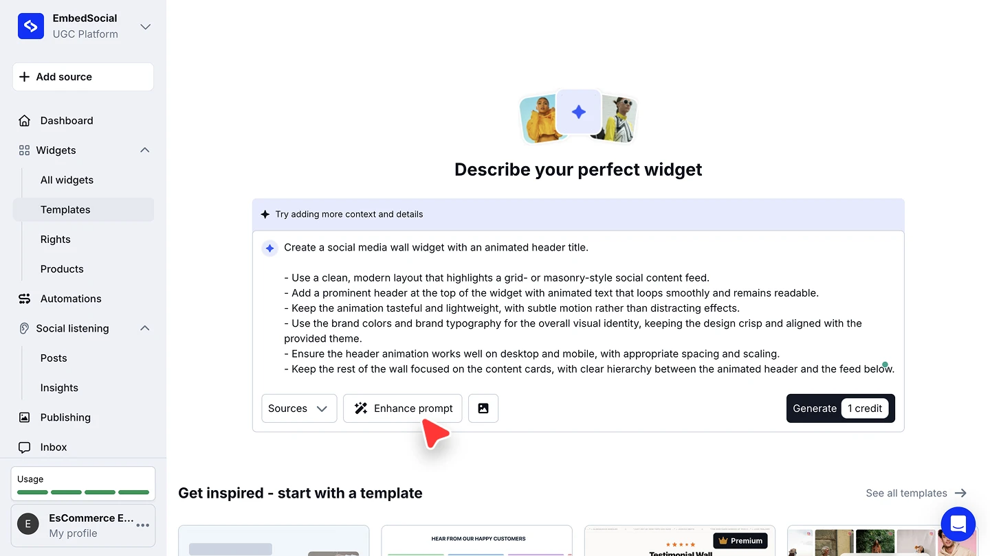 The Enhance prompt button expanding a short idea into a detailed multi-line brief
