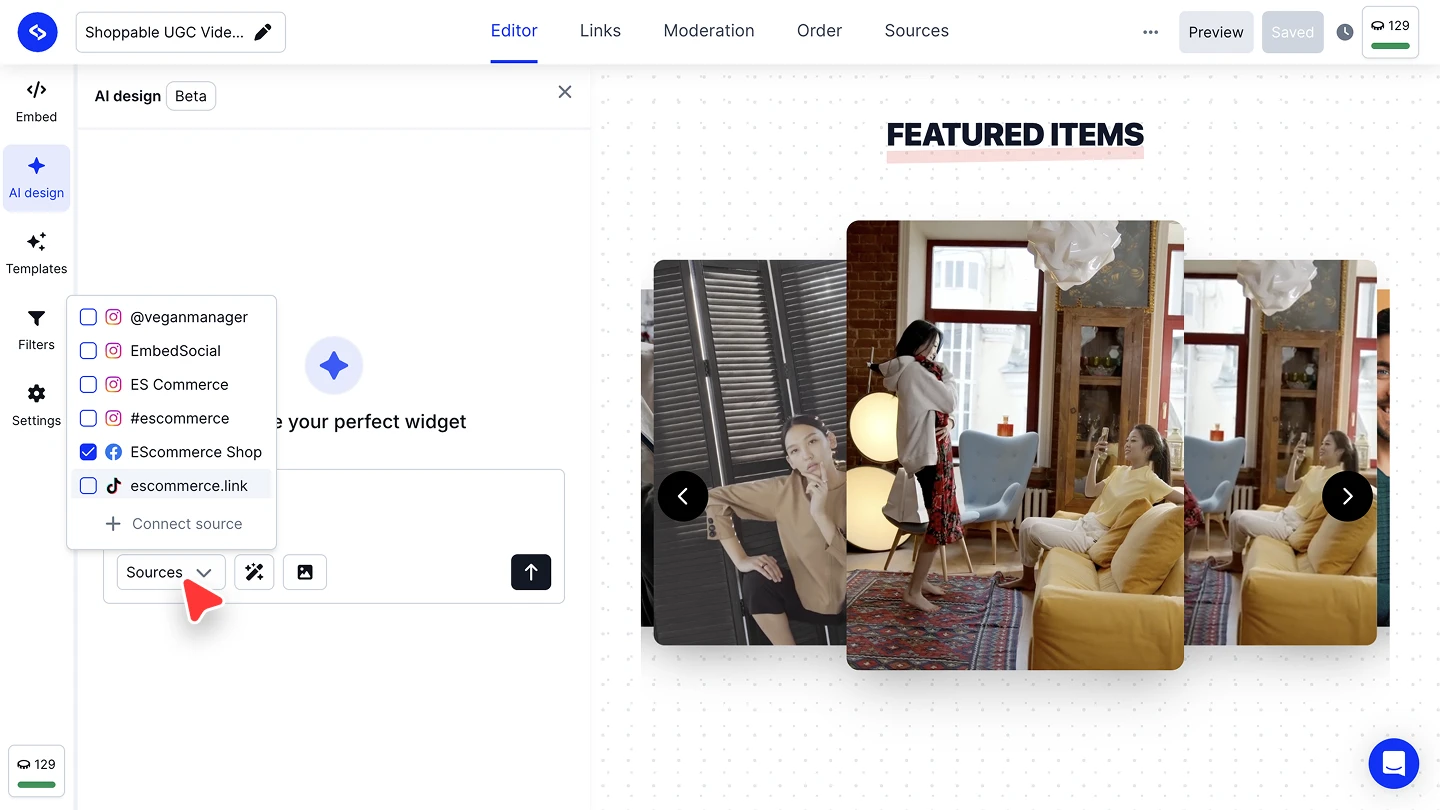 The Sources dropdown open in the AI design chat with connected accounts listed as checkboxes