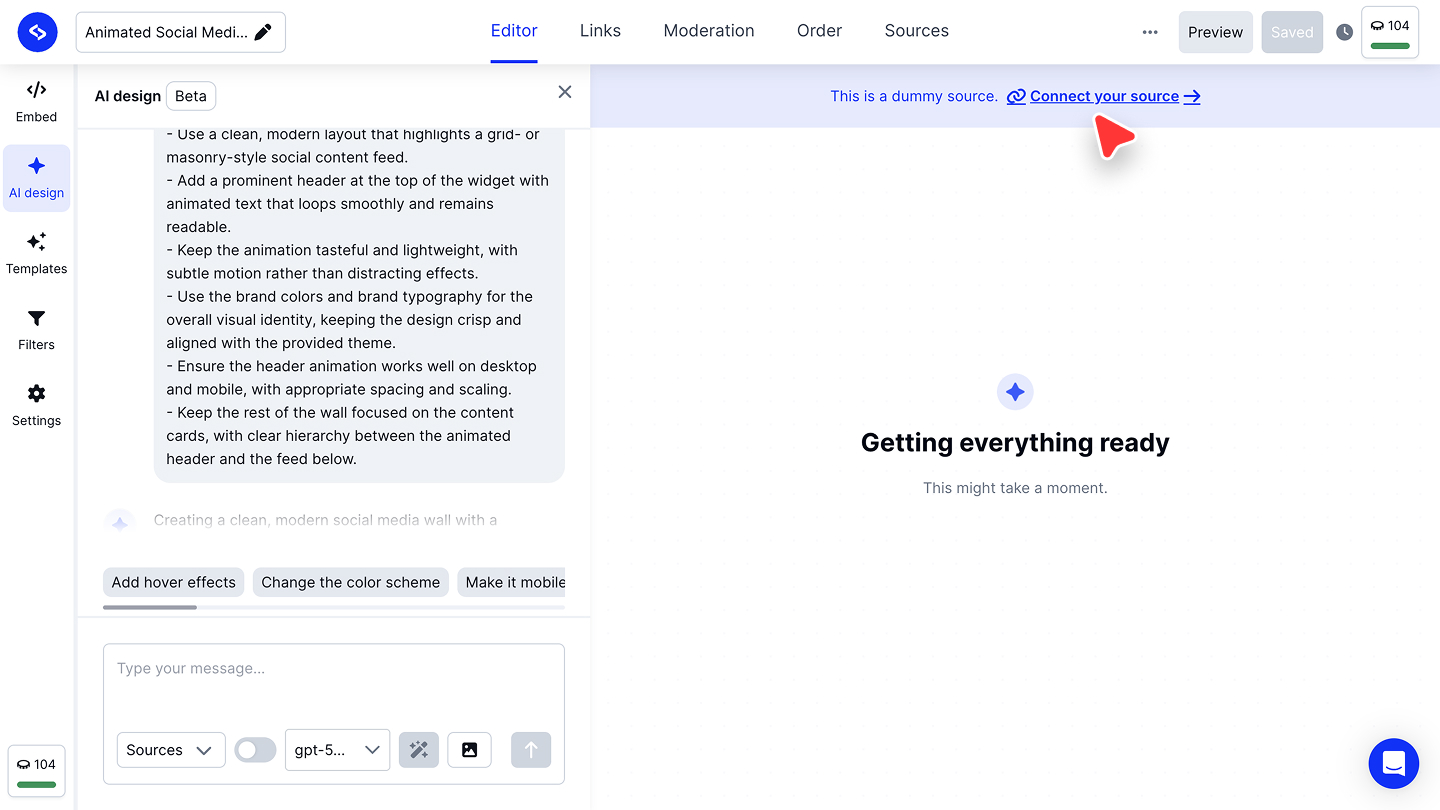 メッセージ入力欄の下にSourcesのドロップダウン、プレビューの上にConnect your sourceのバナーが表示されたAIデザインのチャット
