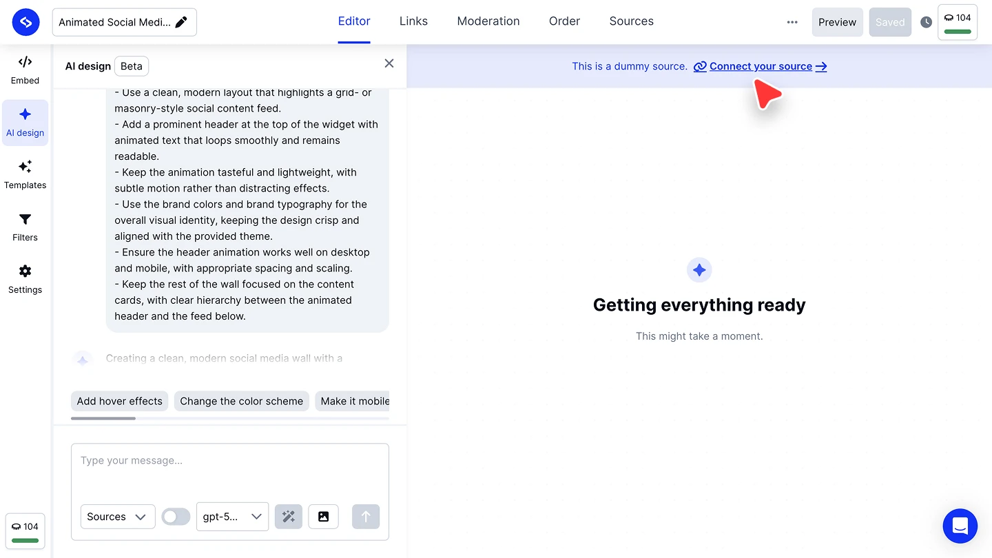 The AI design chat with the Sources dropdown at the bottom of the message box and the Connect your source banner above the preview