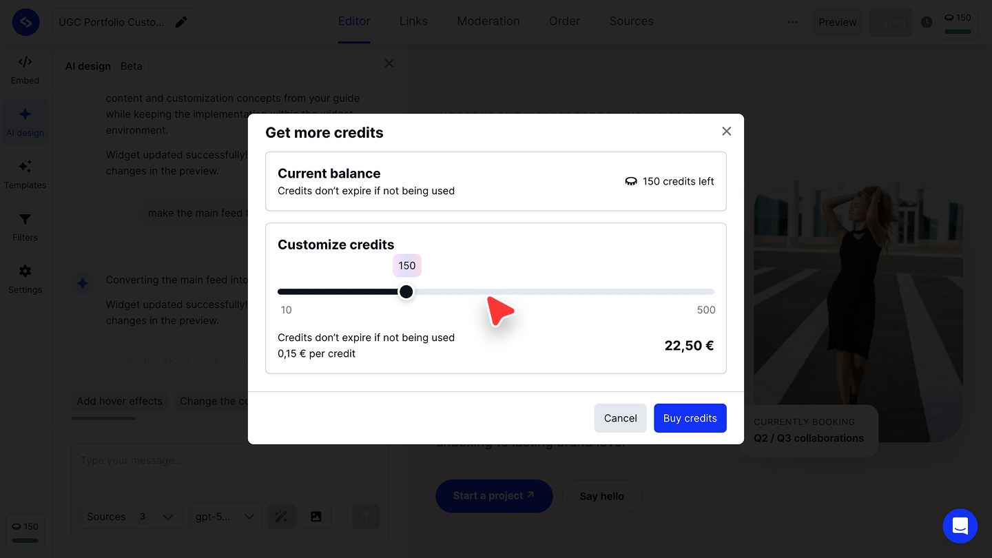 現在の残高、Customize creditsのスライダー、Buy creditsボタンが表示されたGet more creditsのダイアログ