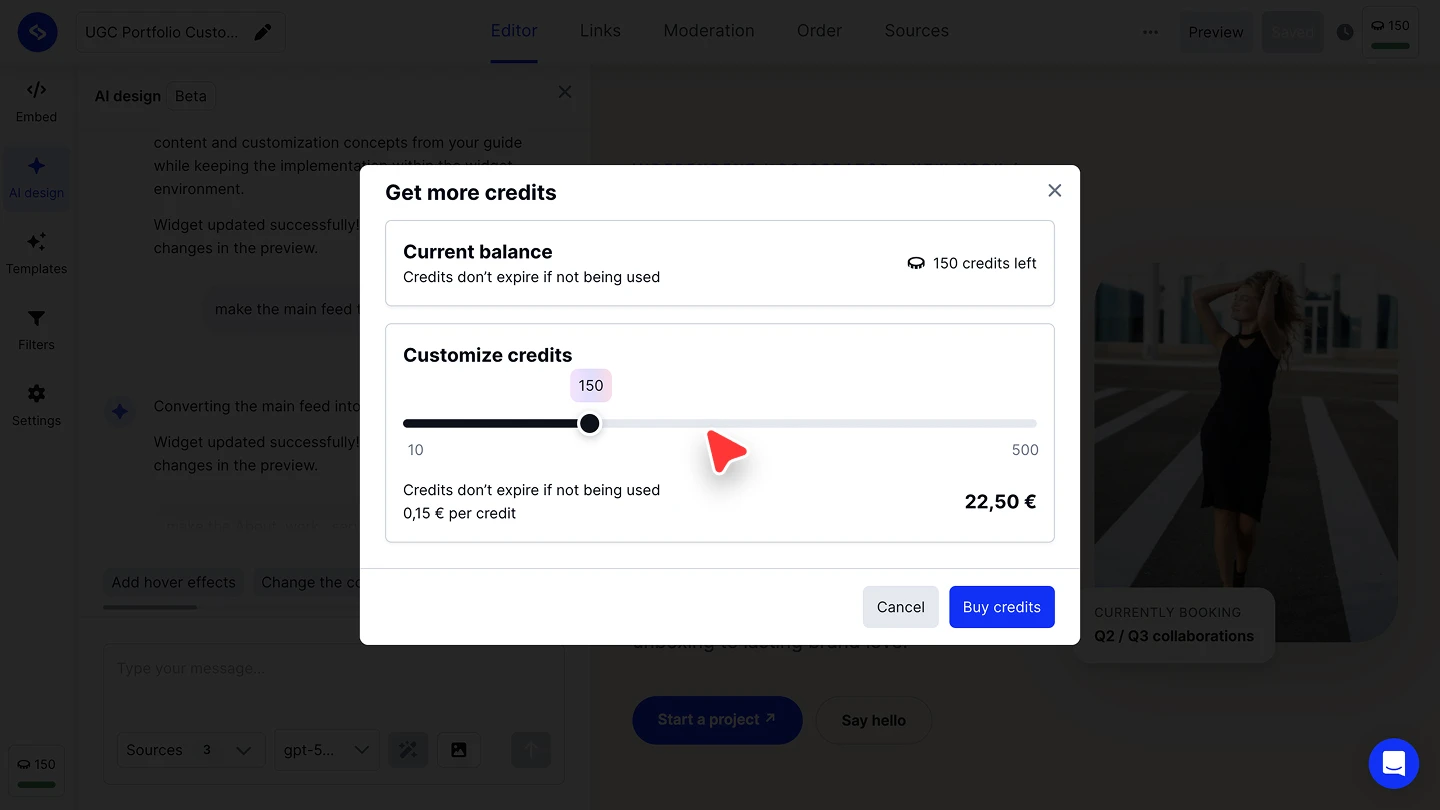 The Get more credits dialog with the current balance, the Customize credits slider, and the Buy credits button