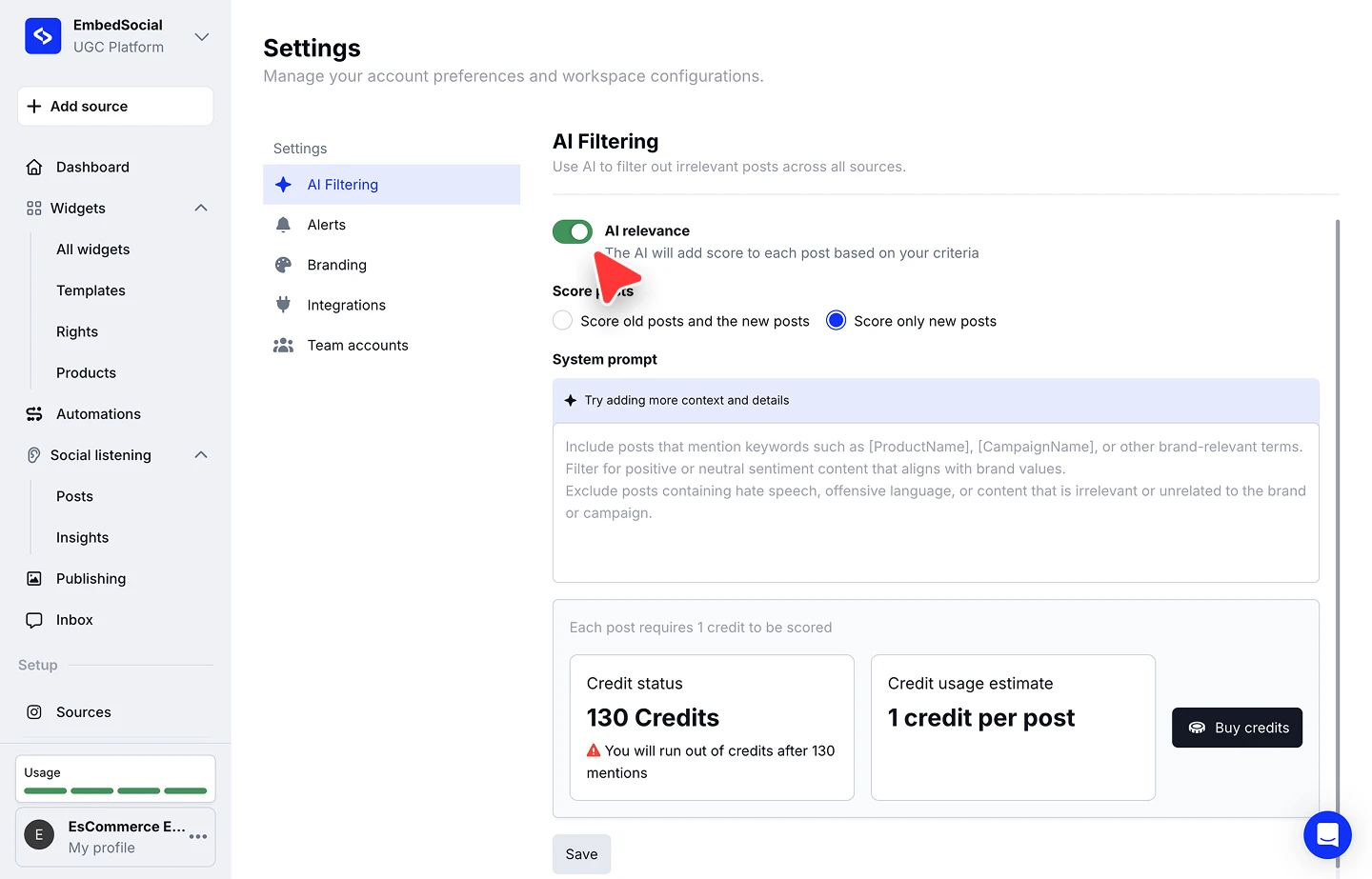 The AI Filtering settings with the AI relevance toggle on, the Score posts options, the System prompt box, and the credit status panel