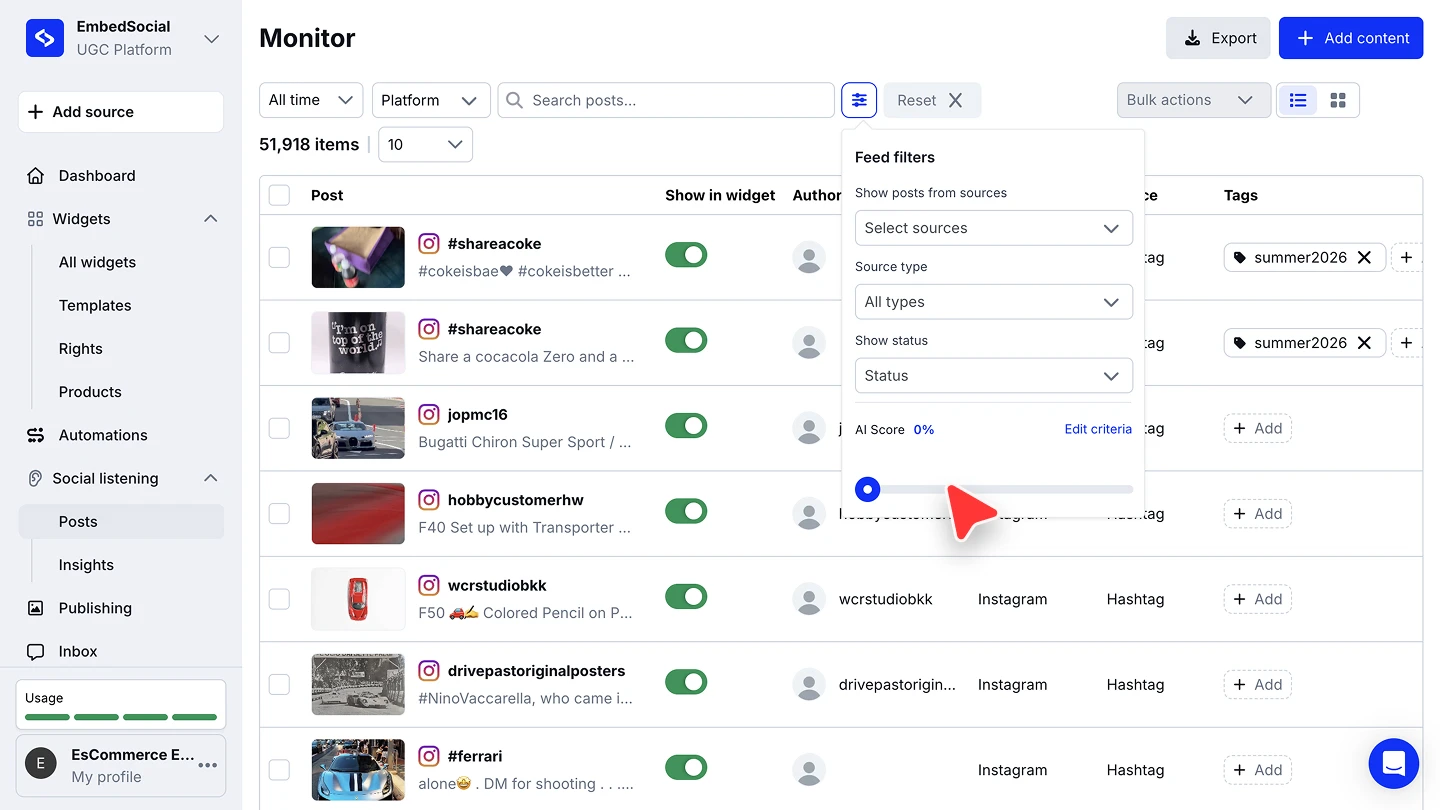 The Feed filters popover with source, type, and status filters plus the AI Score slider and the Edit criteria link