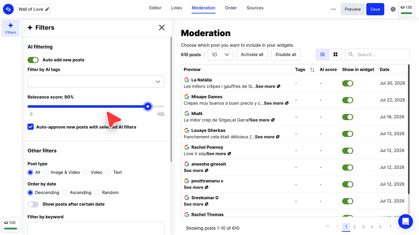 AI filtering、Relevance scoreのスライダー、自動承認のチェックボックスが表示されたFiltersのパネルと、ウィジェットのModerationタブ