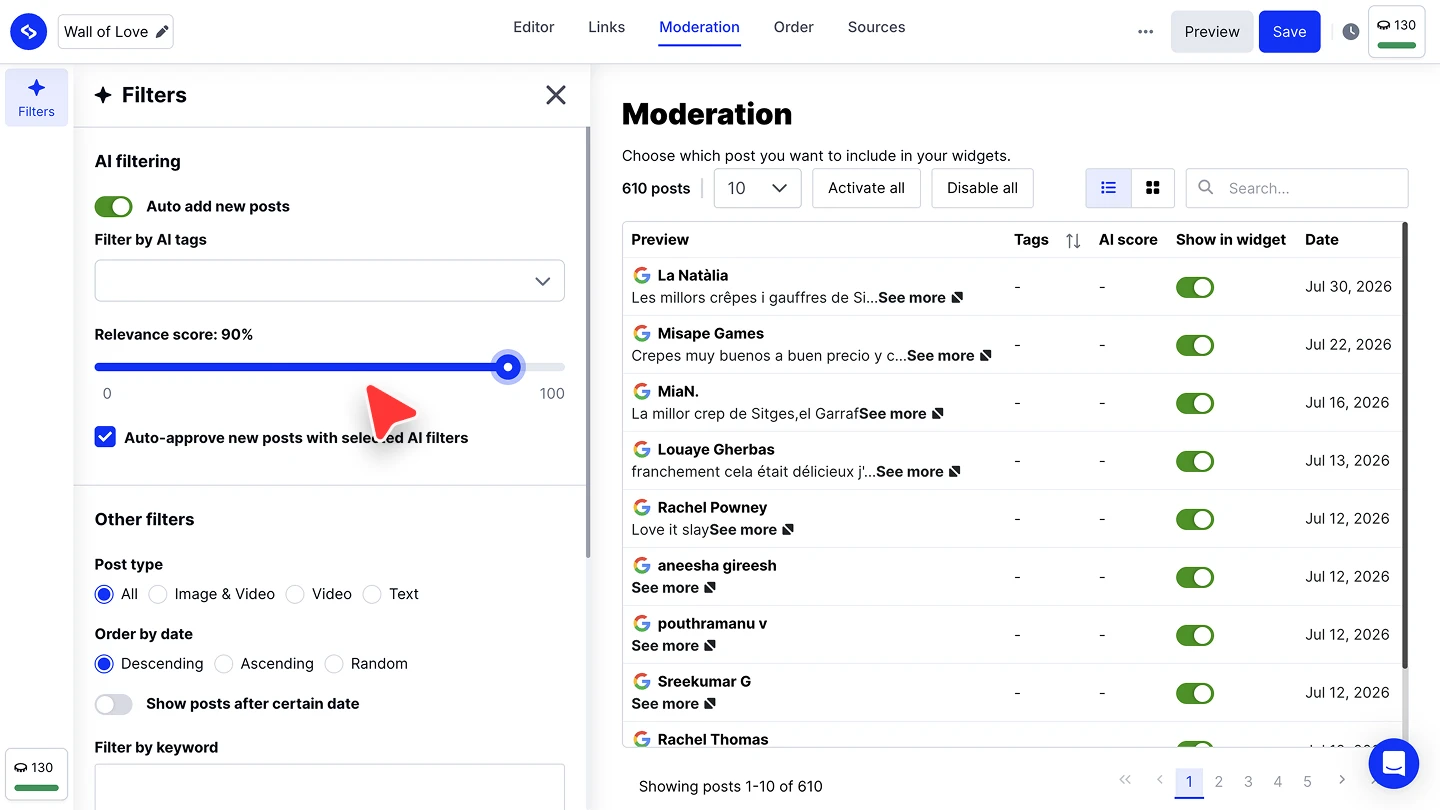 The widget Moderation tab with the Filters panel showing AI filtering, the Relevance score slider, and the auto-approve checkbox