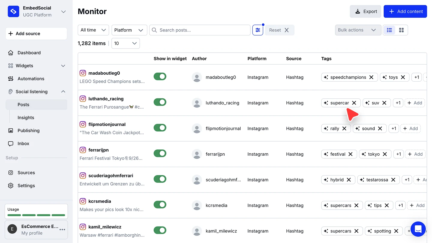 AI-generated tags shown on posts in the Social Listening monitor