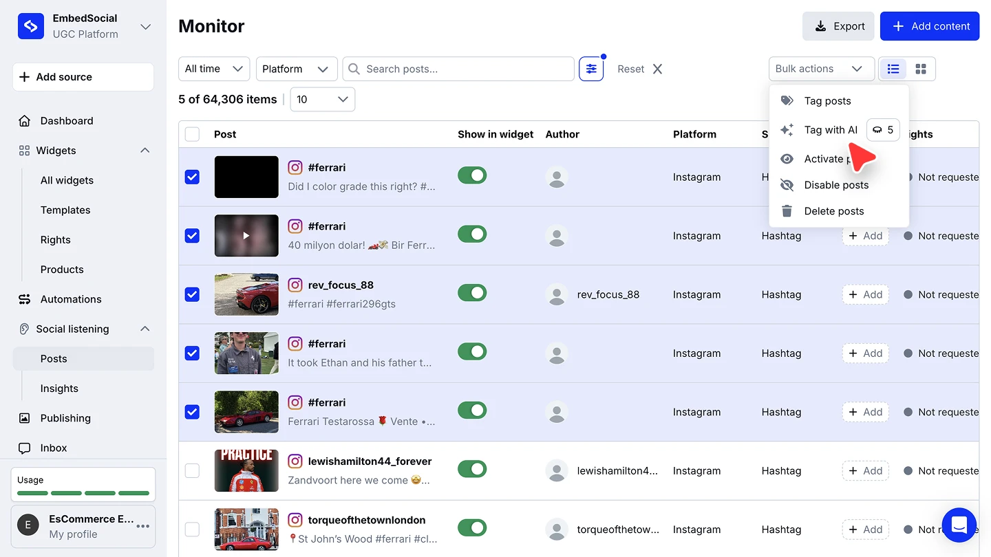 Selected posts with the Bulk options menu open and Tag with AI highlighted