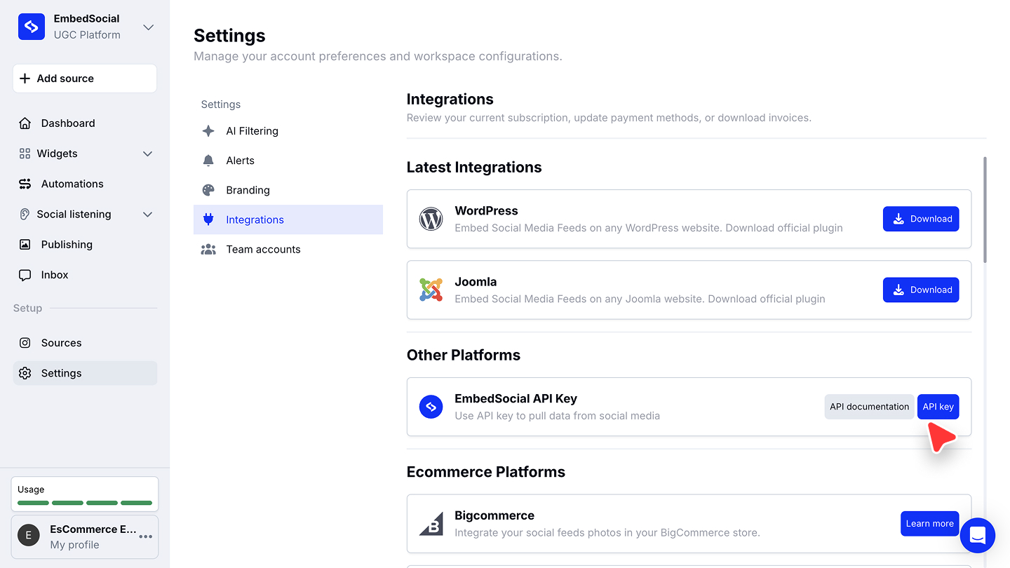 API documentationとAPI keyのボタンが表示されたIntegrationsの設定ページ