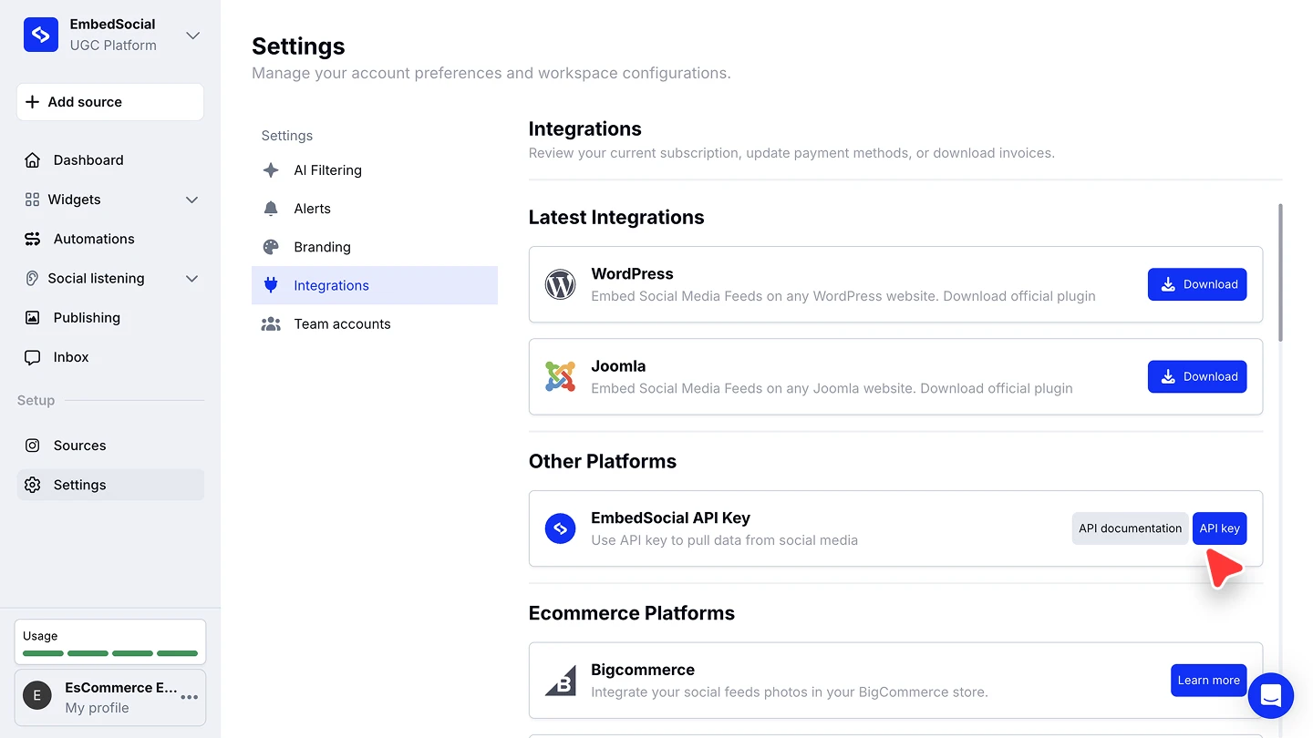 The Integrations settings page with API documentation and API key buttons