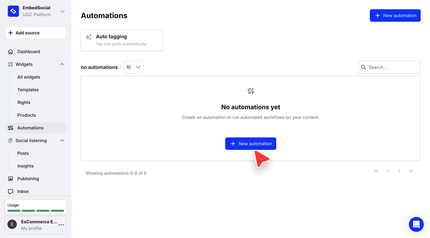 自動化がまだない状態で、Auto taggingのカードとNew automationのボタンが表示されたAutomationsのページ