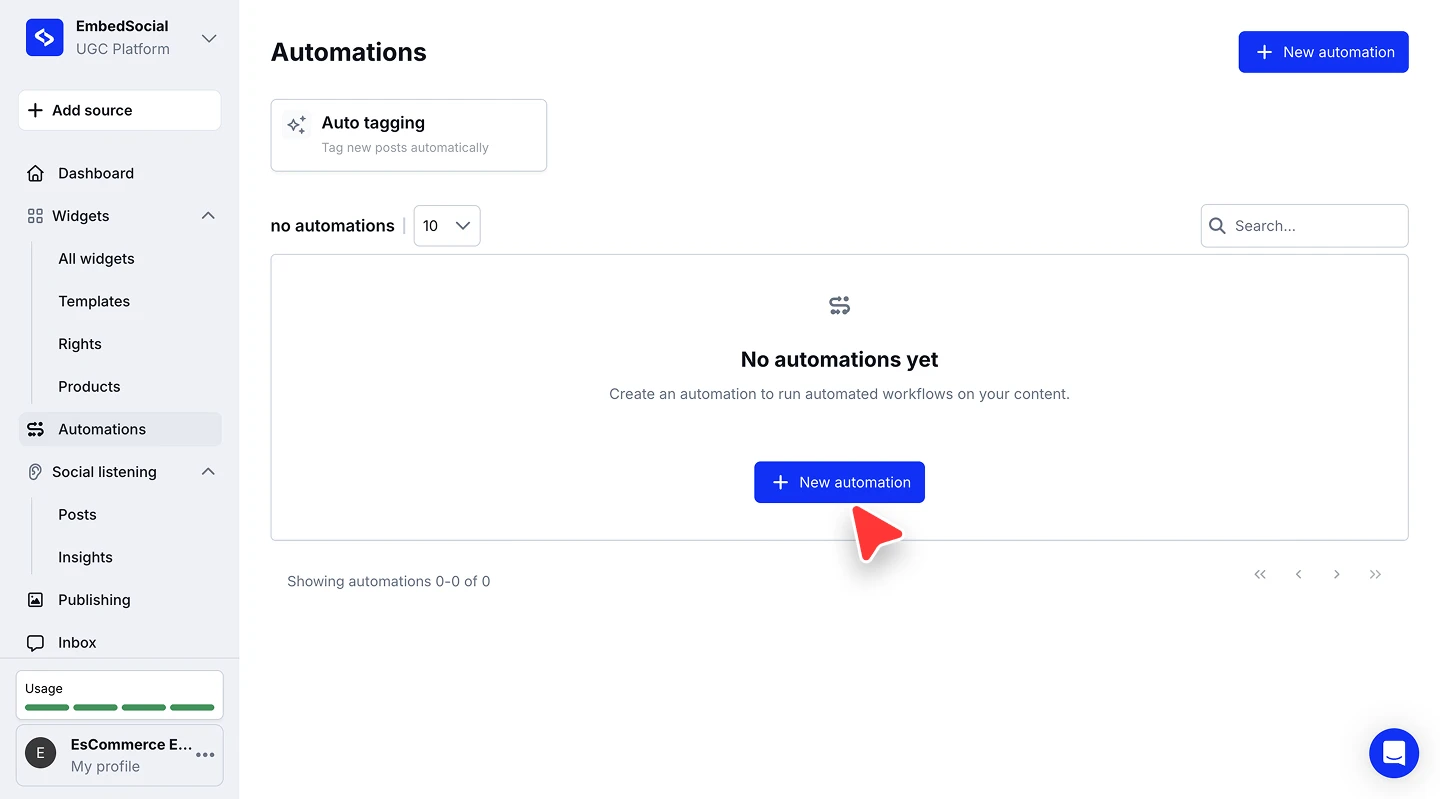 The Automations page with no automations yet, showing the Auto tagging card and the New automation button