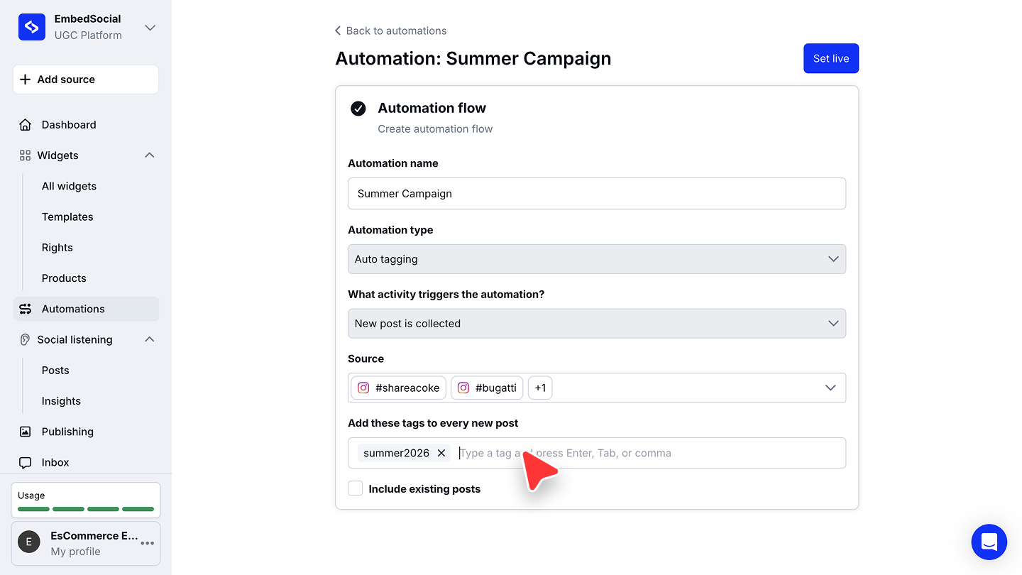 名前、Auto taggingの種類、トリガー、選択したソース、タグの入力欄、Include existing postsのチェックボックスが表示された自動化の作成画面