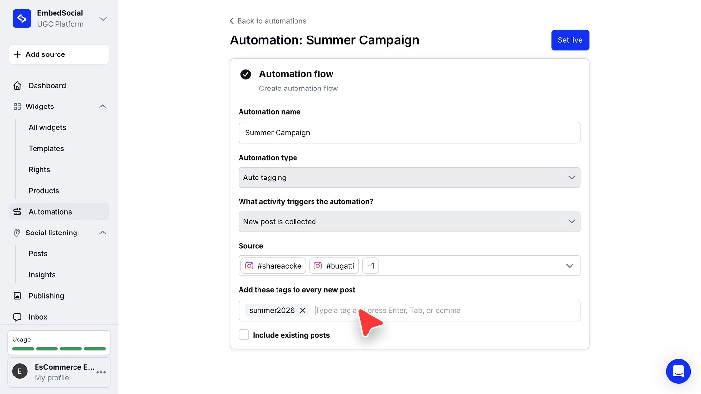 The automation builder showing the name, Auto tagging type, trigger, selected sources, the tag field, and the Include existing posts checkbox