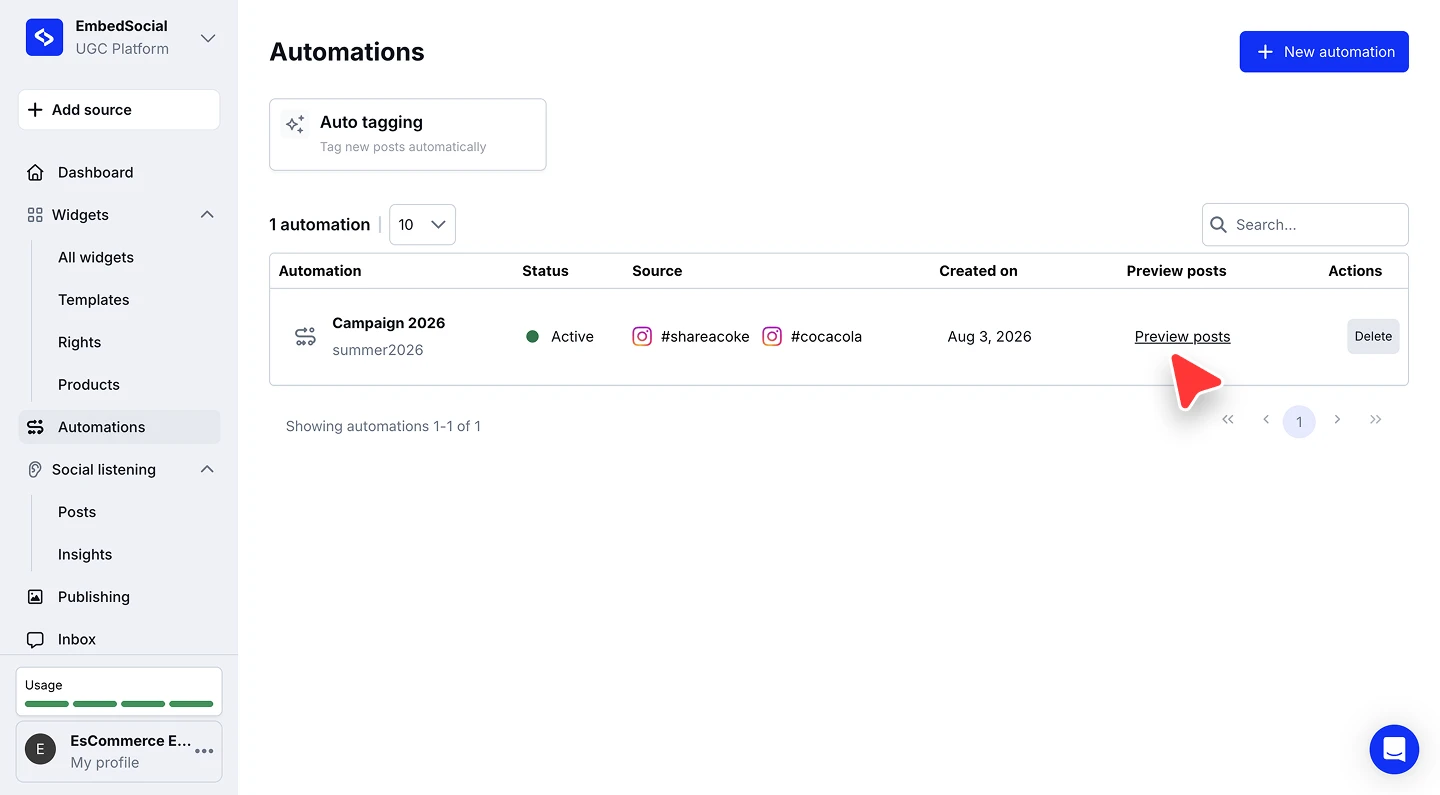 The Automations list showing one active automation with its tag, sources, creation date, and the Preview posts link