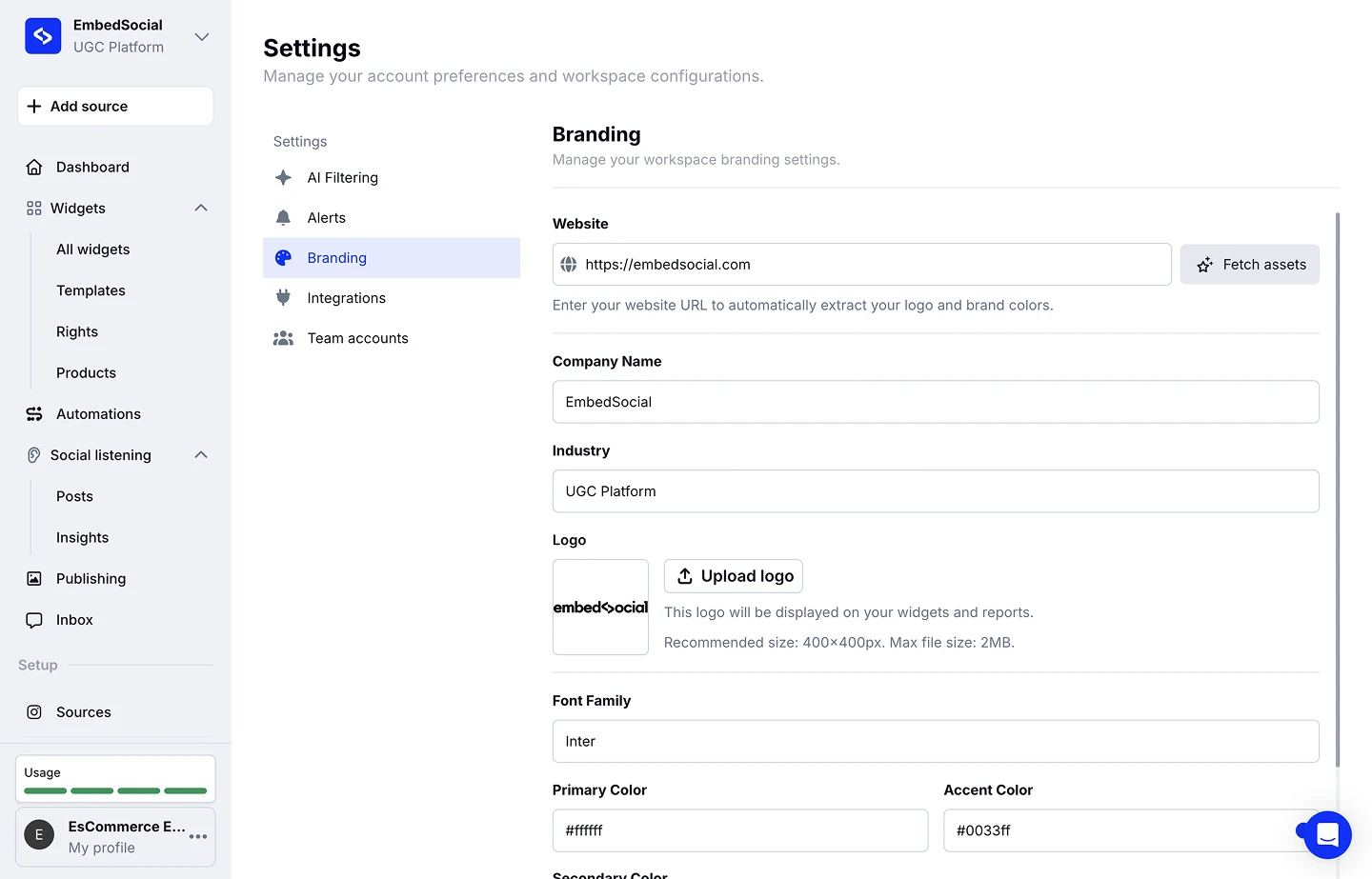 The Branding screen in Settings with the Website field and its Fetch assets button, Company Name, Industry, Logo, Font Family, and the Primary and Accent Color fields