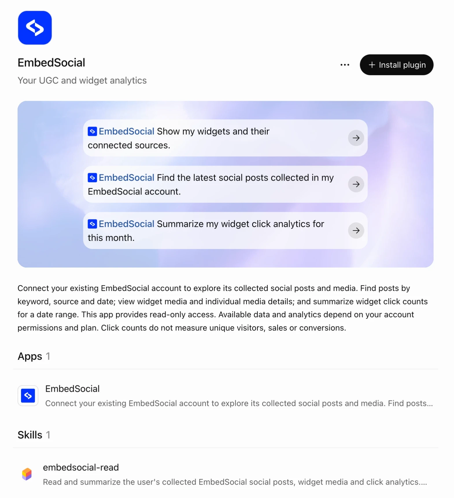 Die Seite des EmbedSocial-Plugins in ChatGPT mit der Schaltfläche Install plugin und drei Start-Prompts