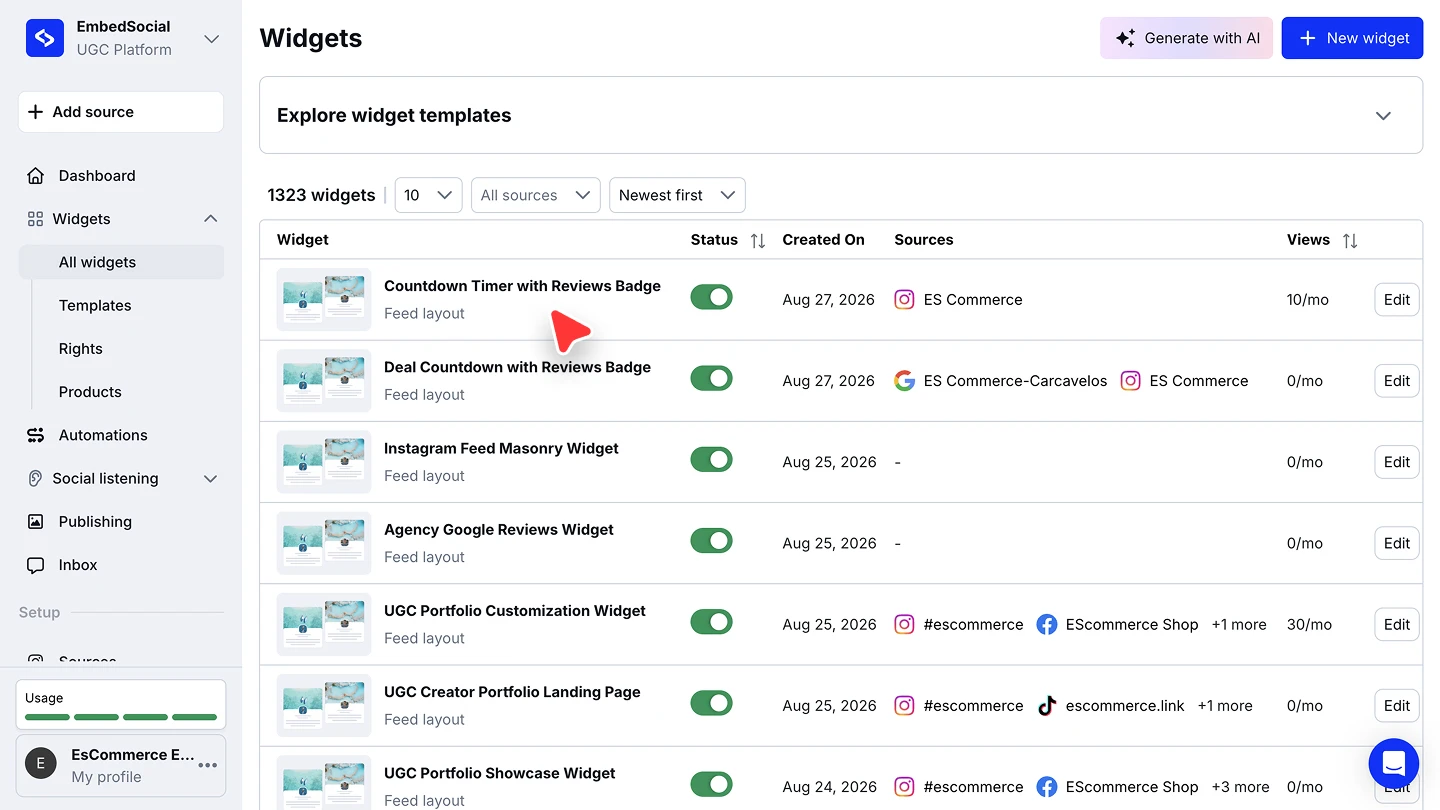 The Widgets page with the Generate with AI and New widget buttons