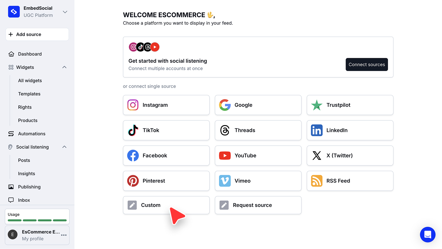 Pinterest、Vimeo、RSS Feedの下、Request sourceの隣にCustomが表示されたプラットフォームの選択画面