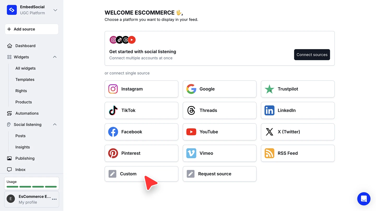 The platform picker with Custom below Pinterest, Vimeo and RSS Feed, next to Request source