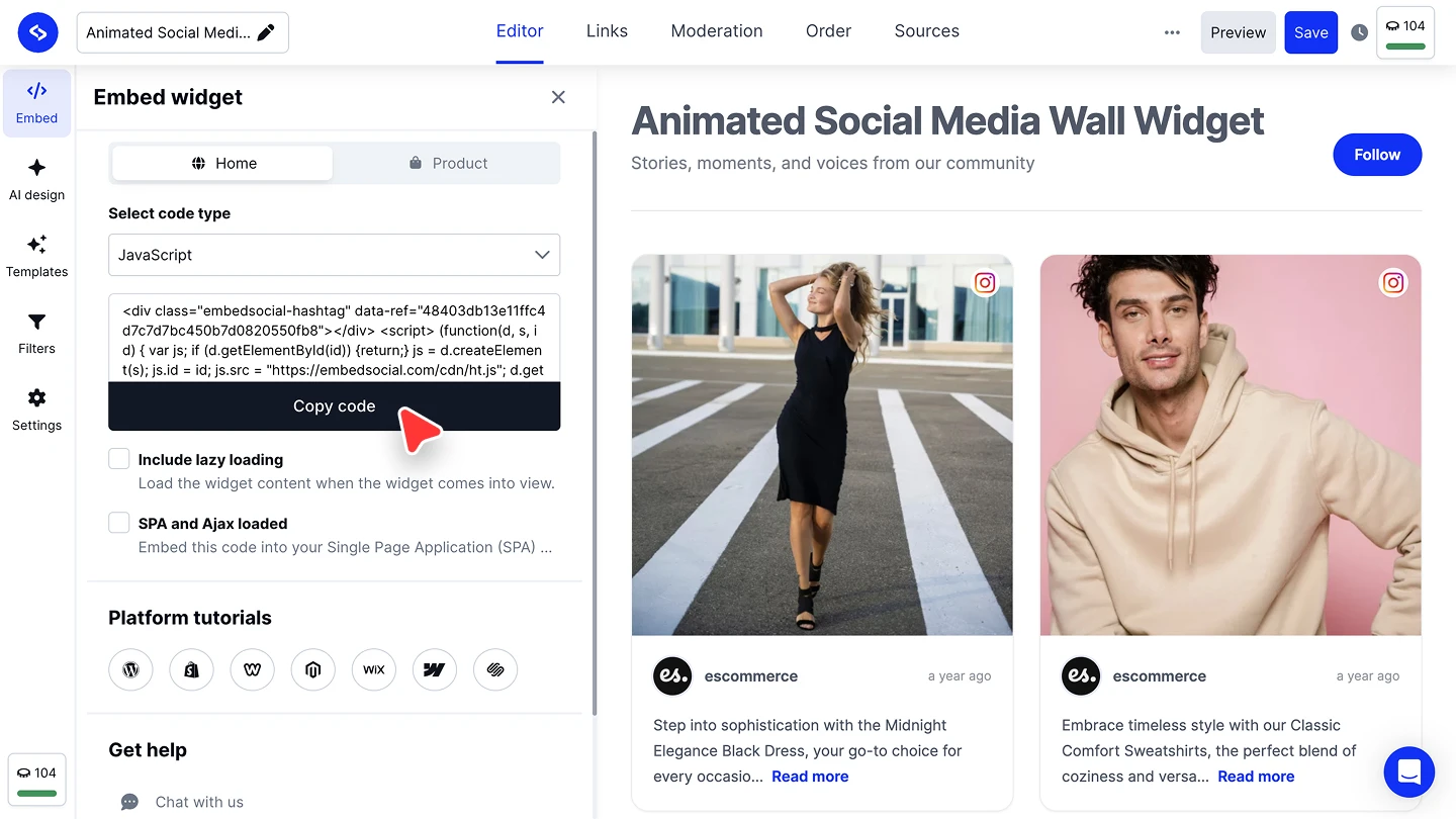 The Embed widget panel on the Home tab with the JavaScript code and the Copy code button