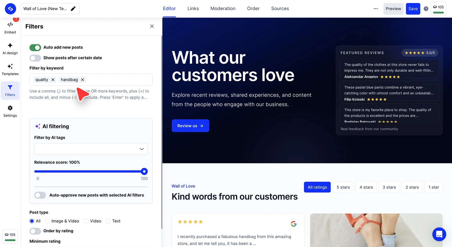 The Filters panel with two keyword chips applied and the keyword syntax hint below the field