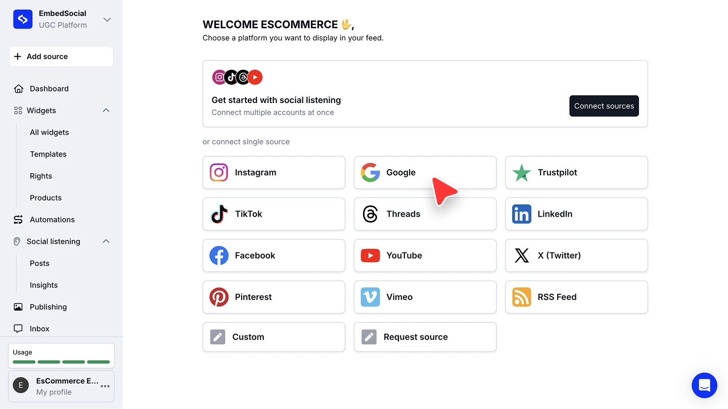 The platform picker showing Google alongside Instagram, Trustpilot and the other available sources
