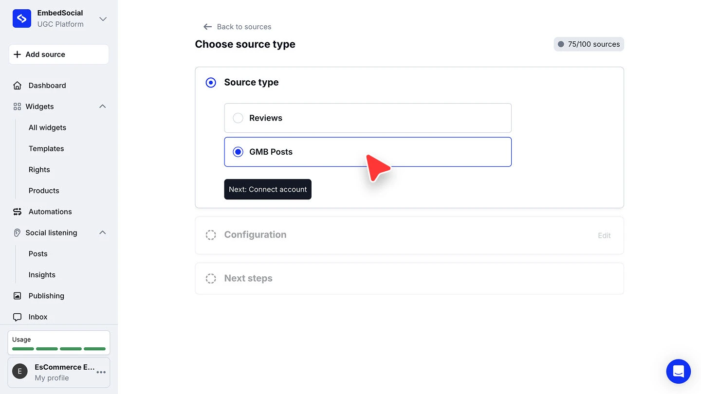 The Choose source type screen with Reviews and GMB Posts as the options